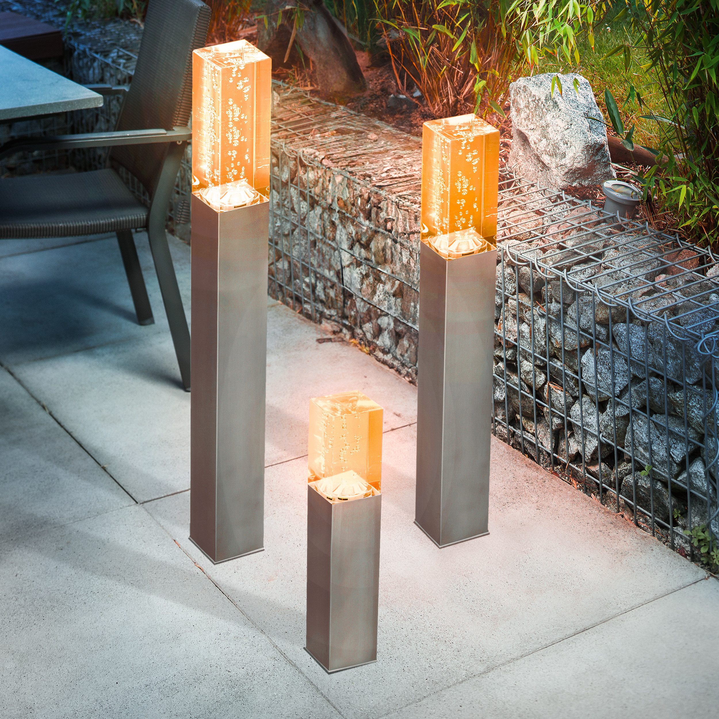 esotec LED Gartenleuchte Wegeleuchte BUBBLE TOWER bernstein-LED H33cm 3000K Luftblasen 103312, automatisches Einschalten bei Dämmerung, LED fest integriert, amber-bernstein, bernstein LED, winterfest, Edelstahl, eingeschlossene Luftblasen