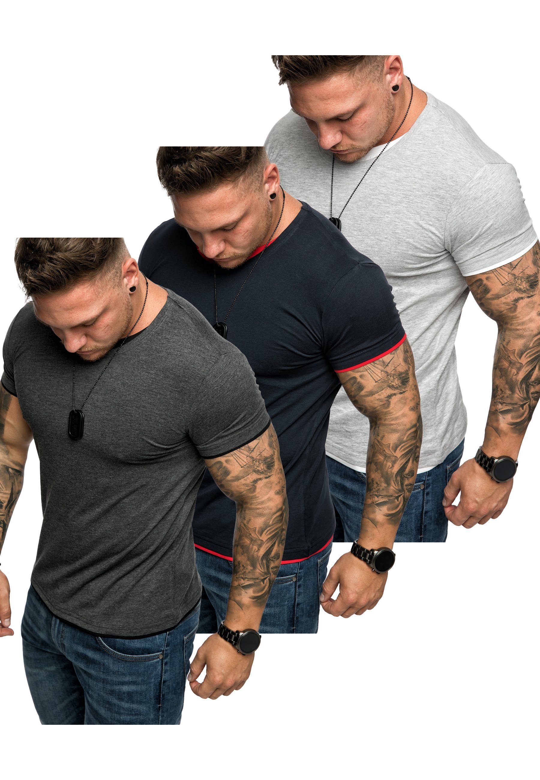 Navyblau/Rot 3. Grau/Weiß) Amaci&Sons Rundhalsausschnitt T-Shirts Herren Oversize LAKEWOOD T-Shirt + Basic (3er-Pack) mit (Anthrazit/Schwarz T-Shirt 3er-Pack +