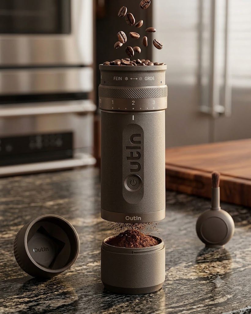 OutIn Kaffeemühle OutIn Fino Coffee Grinder Kaffeemühle 28 Stufen Kegelmahlwerk Mobil, 38-mm-Kegelmahlwerk aus gehärtetem 420er Edelstahl mit siebeneckiger 7-Stern-Geometrie, 25 g Bohnenbehälter, 28 Mahlgrade, 38-mm-Siebeneckiges 7-Stern-Edelstahl-Kegelmahlwerk