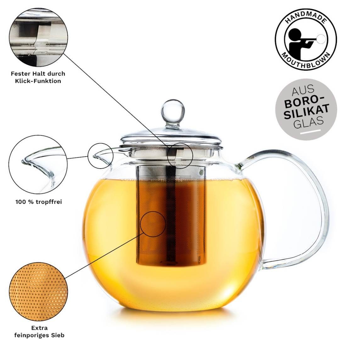 Creano Teekanne ein Glas 0,85l aus + Stövchen Creano Edelstahl, aus Teekanne (Set) 3-teilige