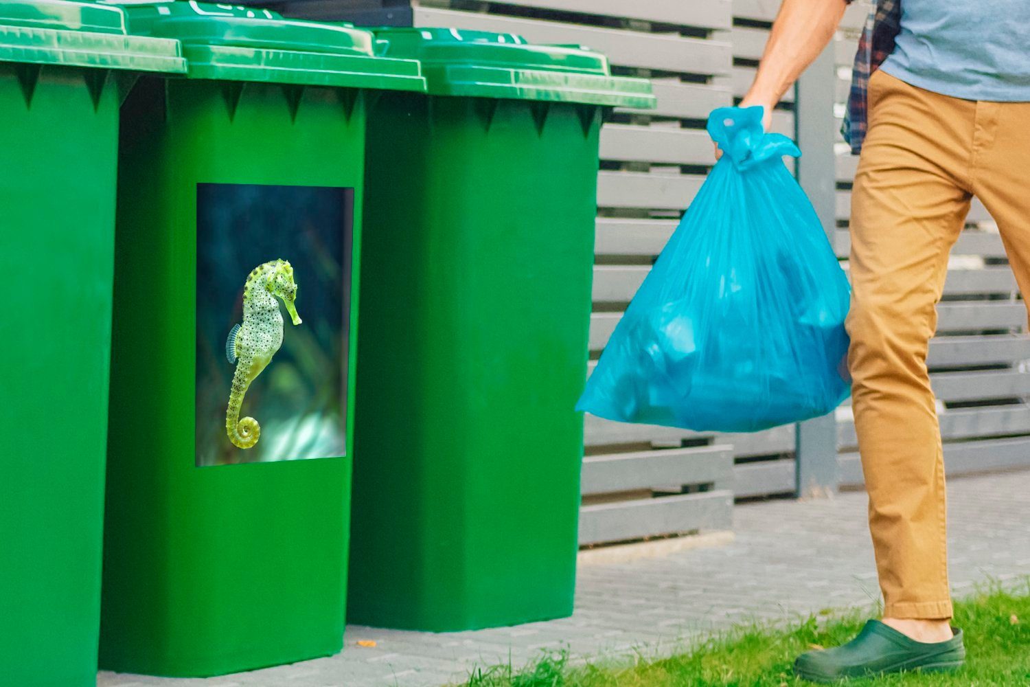 (1 MuchoWow Mülltonne, Ein Mülleimer-aufkleber, Seepferdchen St), Wandsticker buntes Container, Sticker, Abfalbehälter