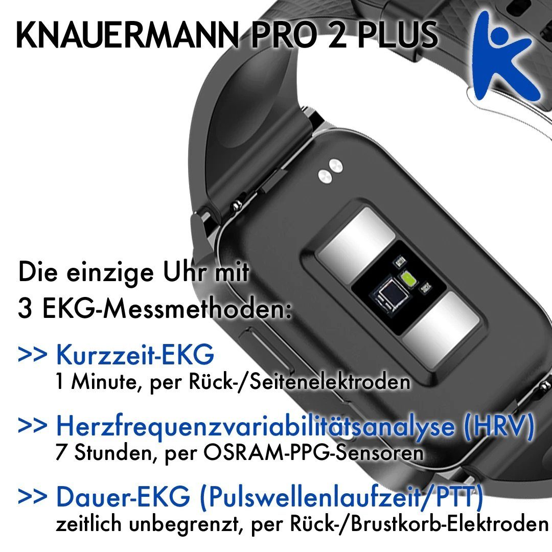 Knauermann Pro 2 Plus schwarz (2023) Schnell-Ladekabel (1,83 Zoll), Schwarz Schwarz-Silikonarmband Smartwatch Silikonarmband inkl. 