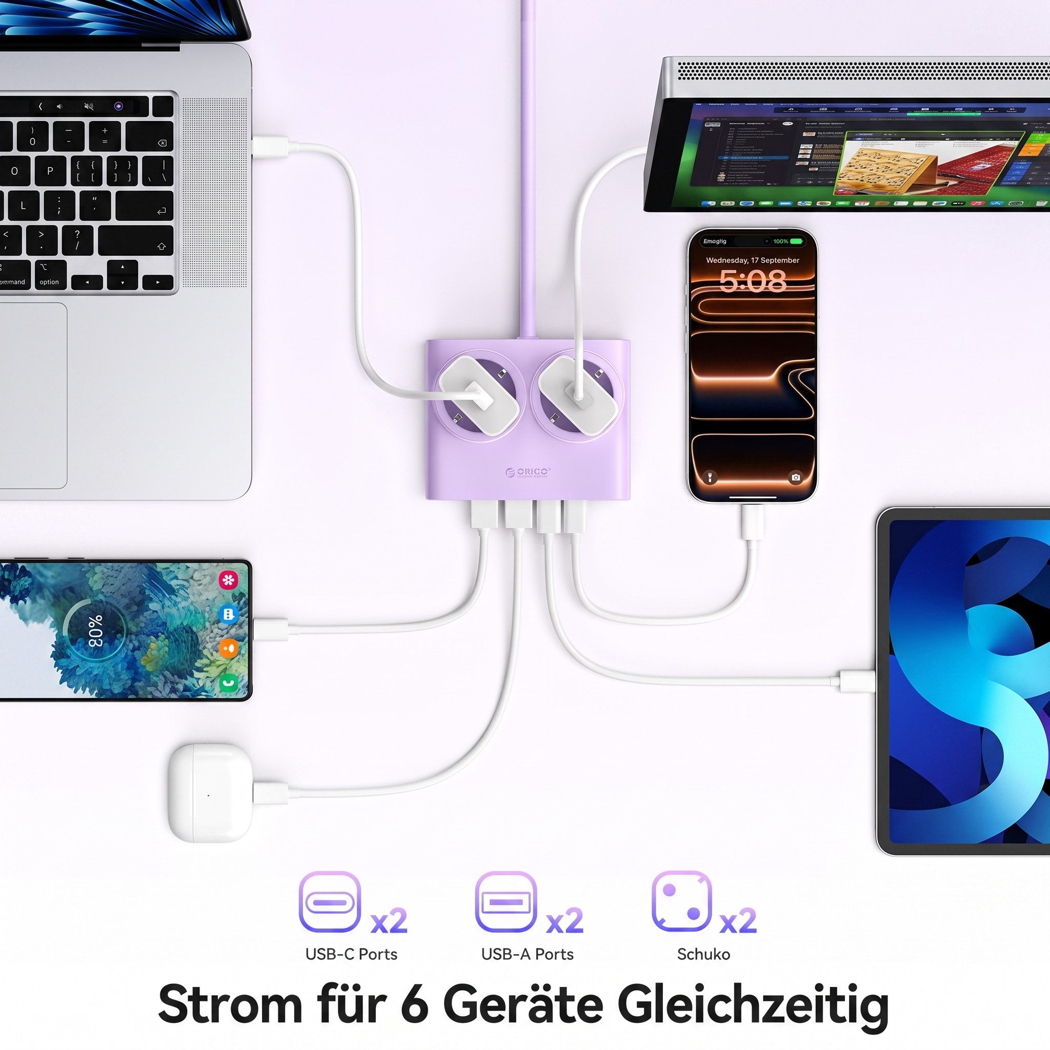 ORICO Steckdose 15W/25W GaN Mehrfachsteckdose 6-in-1 Steckdosenleiste,2AC+2USB+2CPD, acher 1,3 cm Stecke, 1-St., 1,6 m Kabel, 2500 W., für Haushalt & Büro