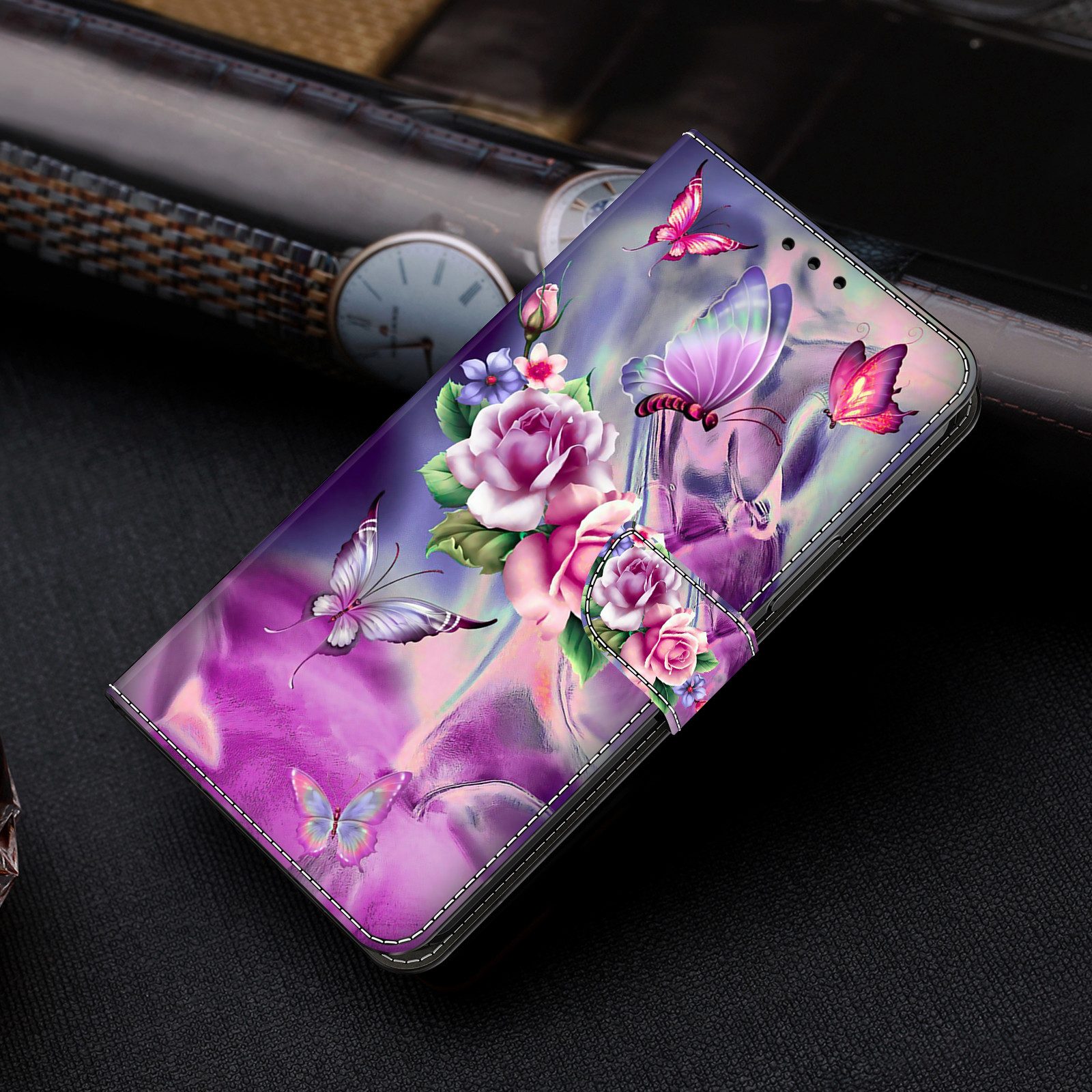CLM-Tech Handytasche für Xiaomi Redmi Note 15 5G Klapphülle aus PU Leder (lila Blumen Schmetterlinge, 1-tlg., Flip Case), Magnetverschluss, Standfunktion und Kartenfächer