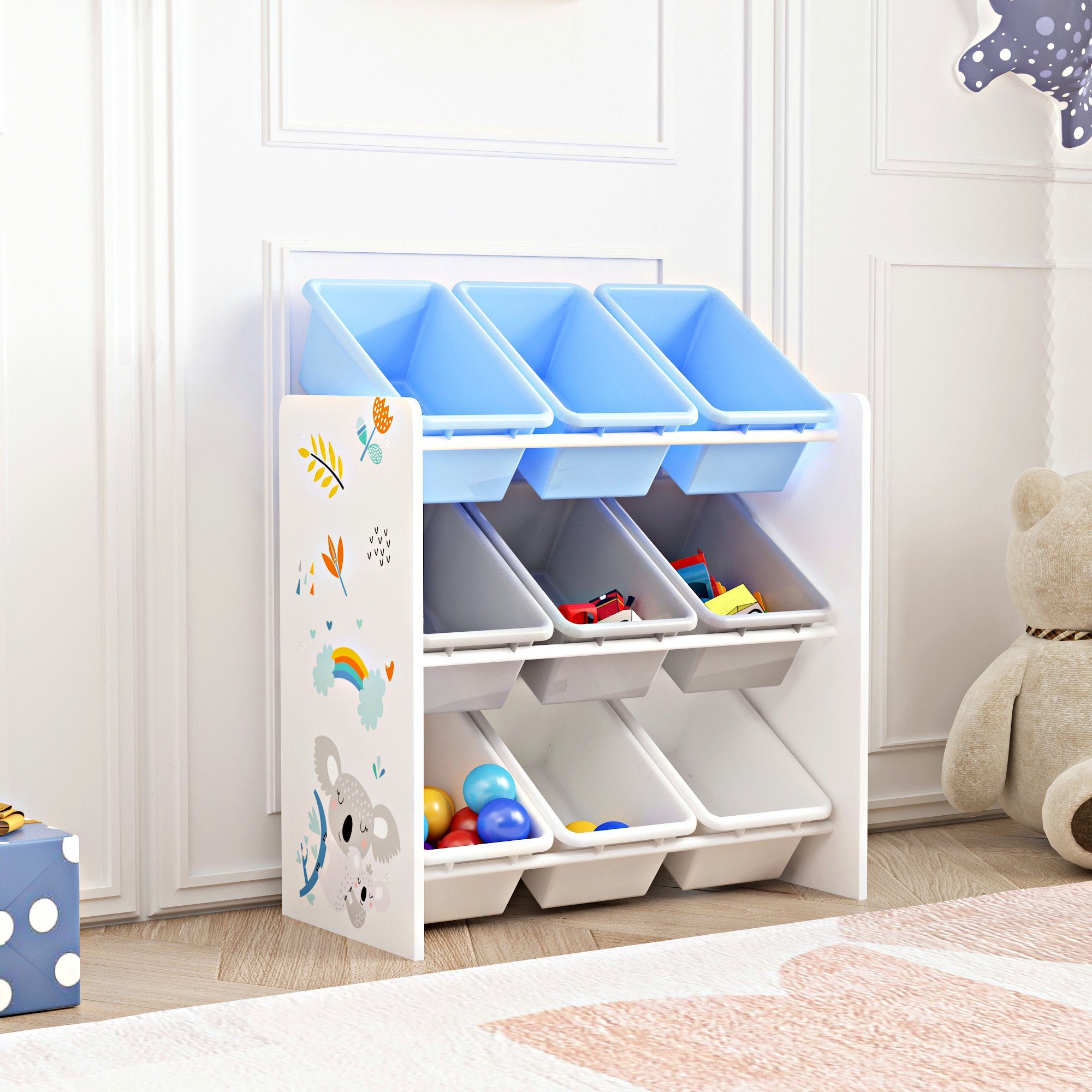 »Muxía« Boxen Koala-Motiv Kinderregal, Weiß/Grau/Blau en.casa mit Spielregal 9