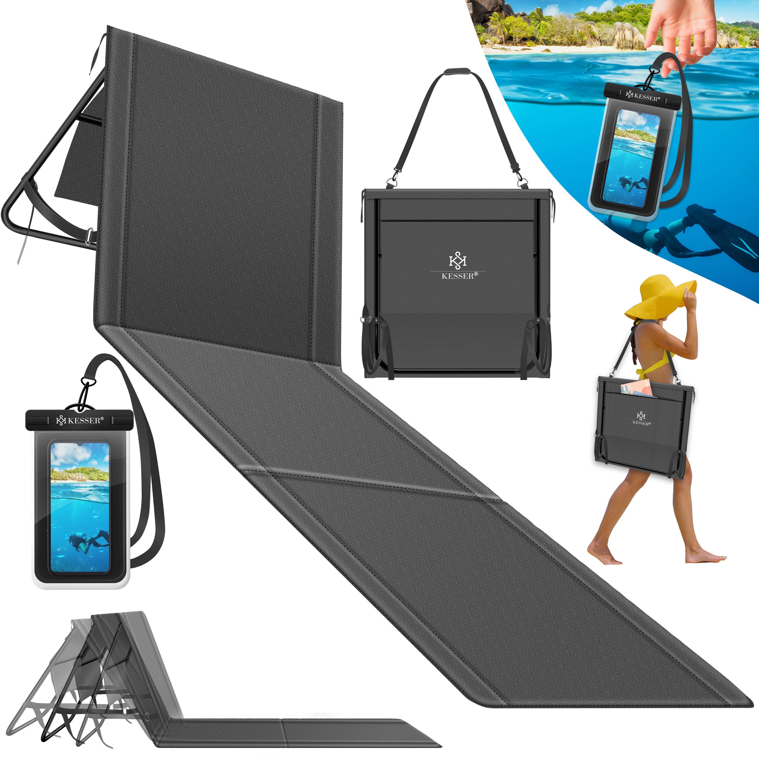 KESSER Gartenliege Strandmatte klappbar mit verstellbarer Rückenlehne max. 130 kg, 1 St., Strandliege mit Tragegurt, wasserdichter Handyhülle & Tragetasche, Sonnenliege faltbar für Strand, Garten & Terrasse Liegematte