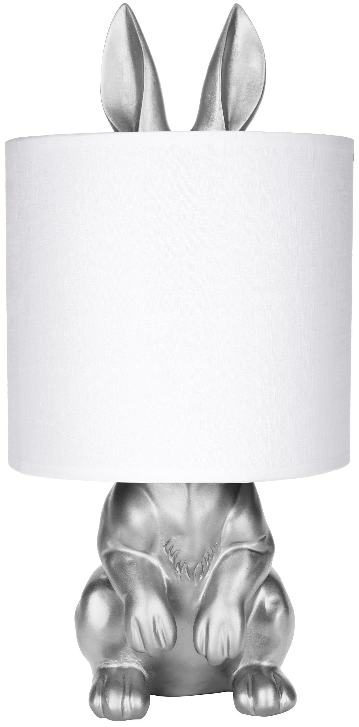 BRUBAKER Nachttischlampe Tischleuchte Hase Gold oder Silber - Tischlampe mit Lampenschirm, ohne Leuchtmittel, Motiv Lampe mit Keramikfuß, Höhe 42 cm Silber, Schirm: Weiß
