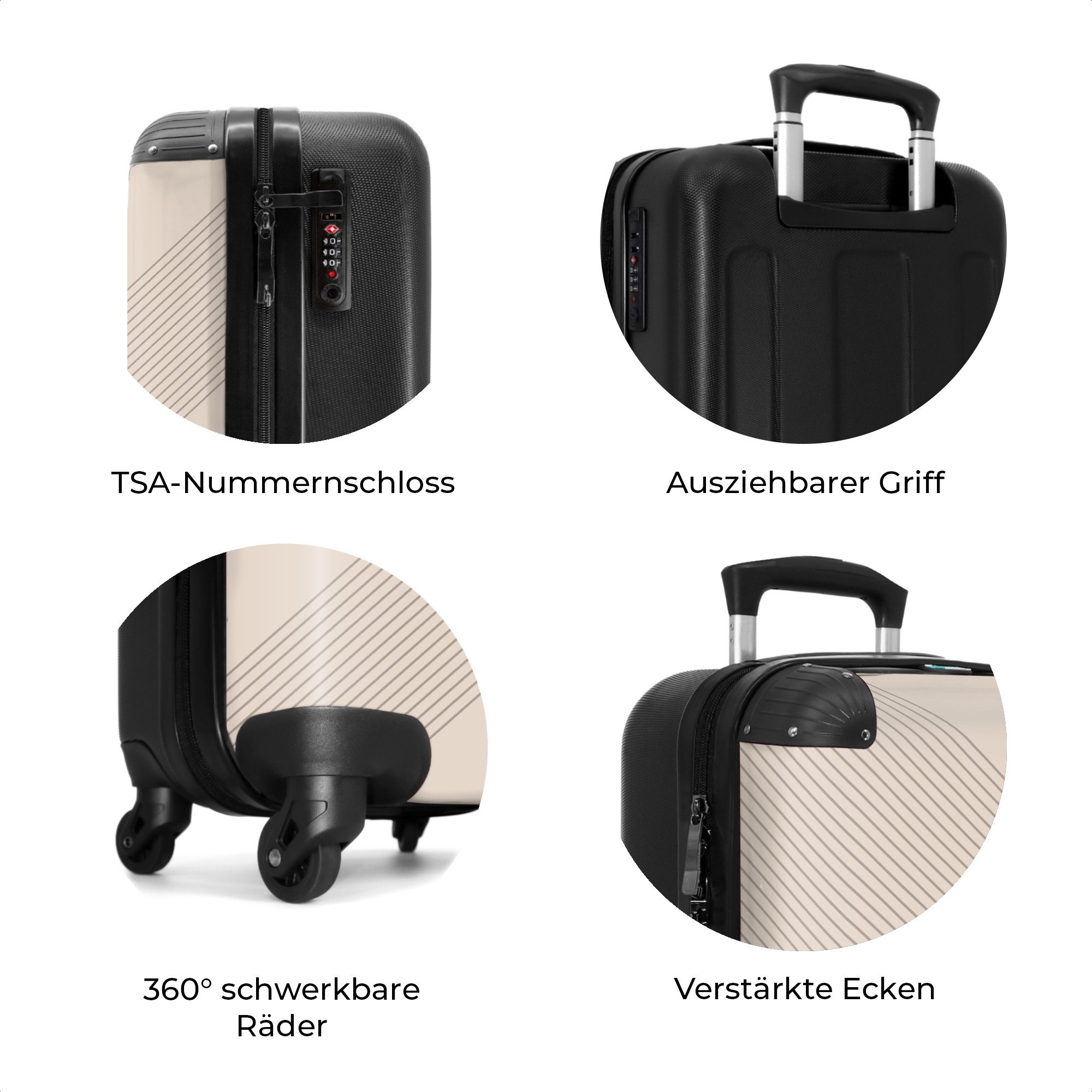NoBoringSuitcases.com© Hartschalen-Trolley Beige mit abstrakten Linien 55x35x20cm, 4 Rollen, Handgepäck Koffer & Trolleys, Luggage, Reisekoffer Frauen