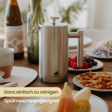 GRØNENBERG French Press Kanne Edelstahl Kaffeebereiter mit Thermo Effekt, 1l Kaffeekanne, Kaffeepresse inkl. 3 Ersatz-Filter