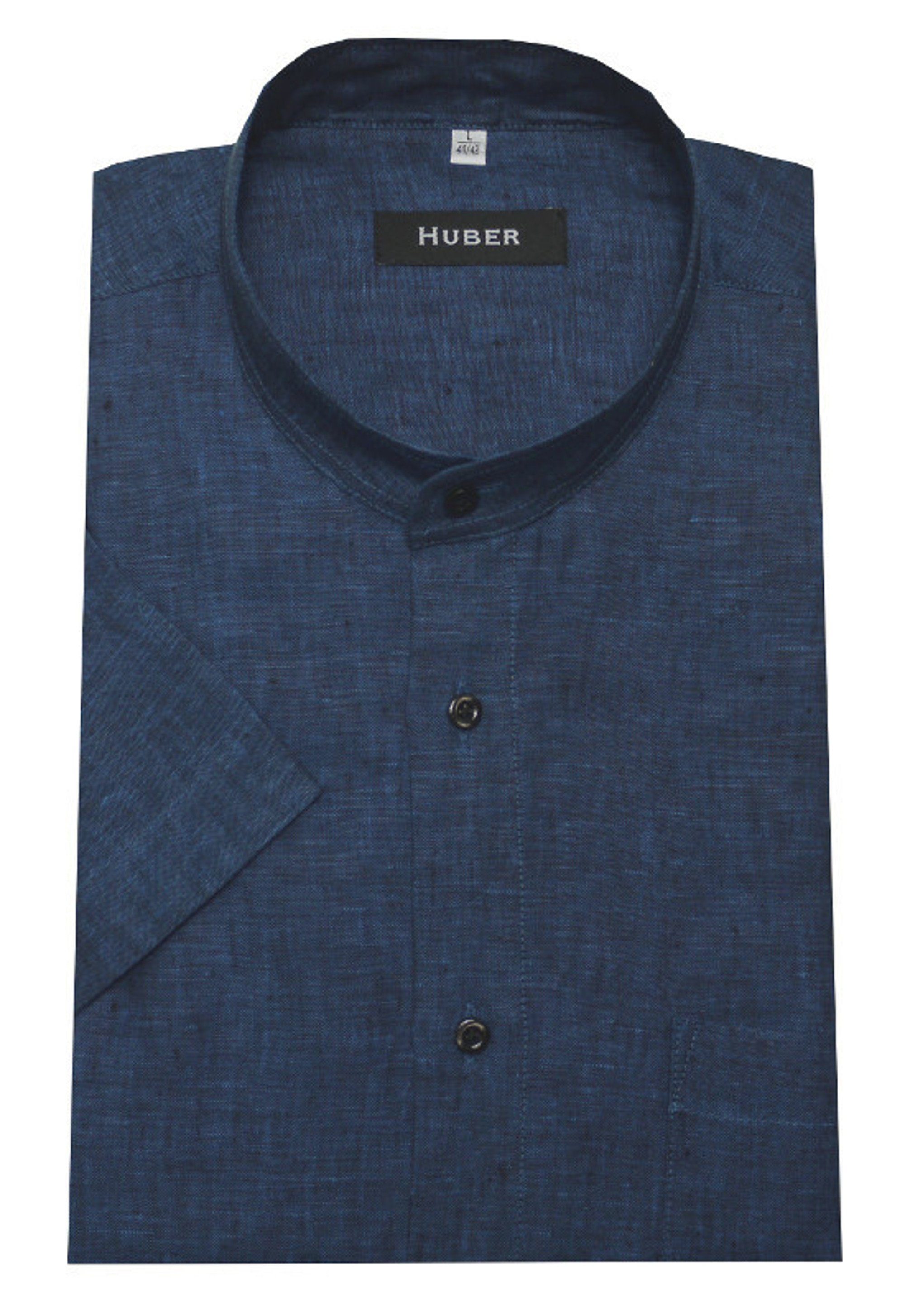HU-0114 Regular Kurzarmhemd Stehkragen Hemden Stoff leichter Kurzarm blau 100%Leinen-feiner Huber Fit