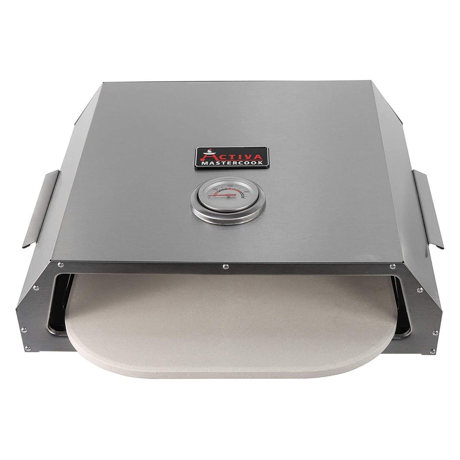 Activa Pizzaofen-Grillaufsatz Pizza Box für Holzkohlegrills und Gasgrills, Edelstahl, 44,5 x 13 x 35,5 cm mit Pizzastein und Temperaturanzeige