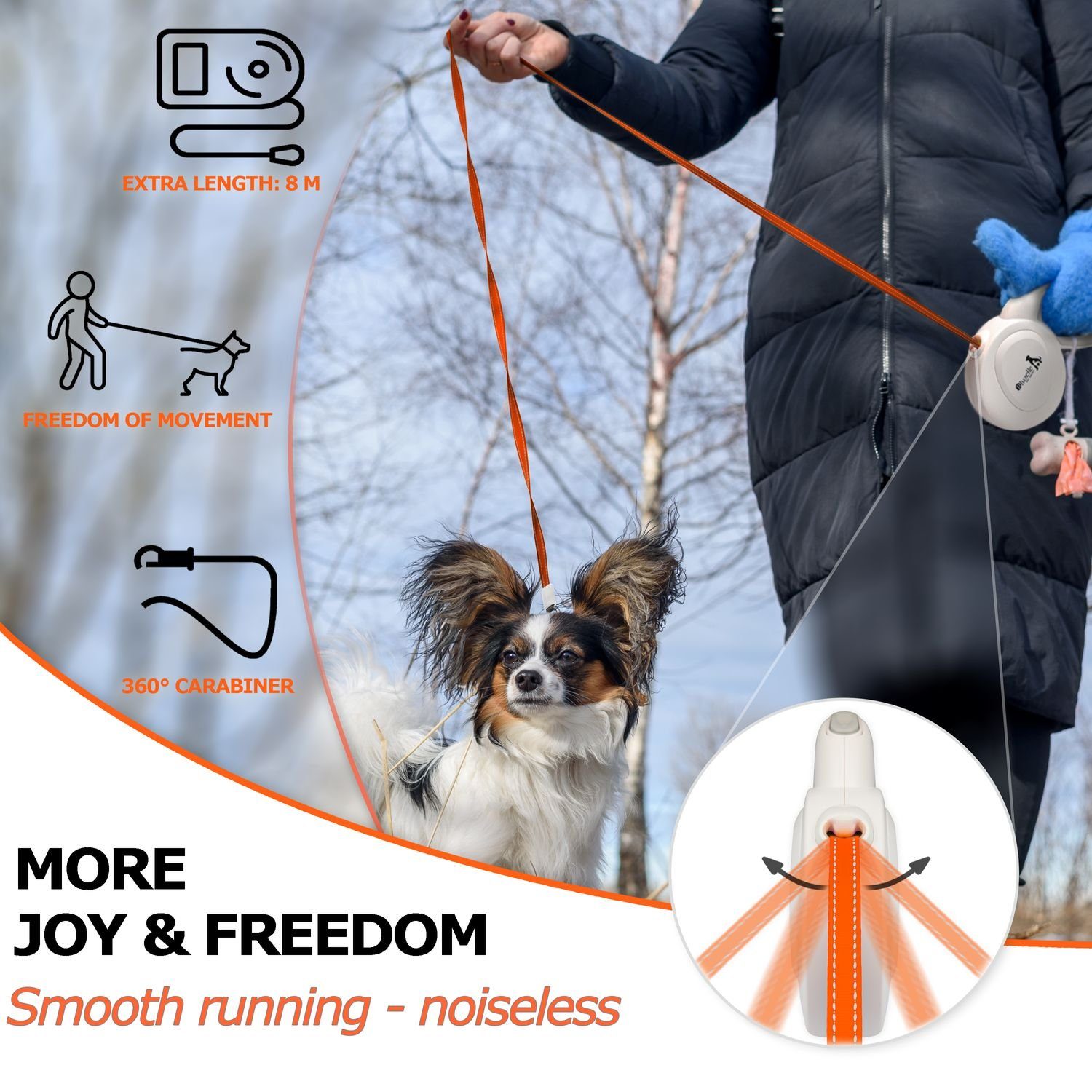 Bluzelle Rollleine, Nylon, Hundeleine für Hunde bis 50kg - 8m Rolleine mit Reflektor Gurt & Haken