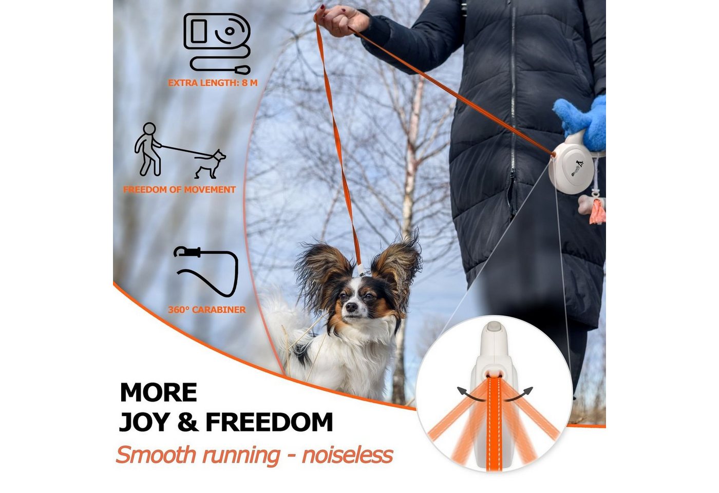 Thumbnail - Bluzelle Rollleine, Nylon, Hundeleine für Hunde bis 50kg - 8m Rolleine mit Reflektor Gurt & Haken