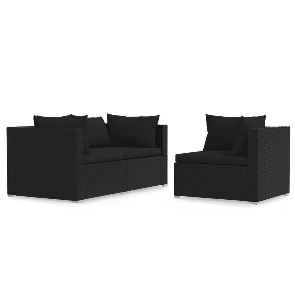 vidaXL Sofaelement 3-tlg. Garten-Lounge-Set mit Kissen Schwarz Poly Rattan (1 St)