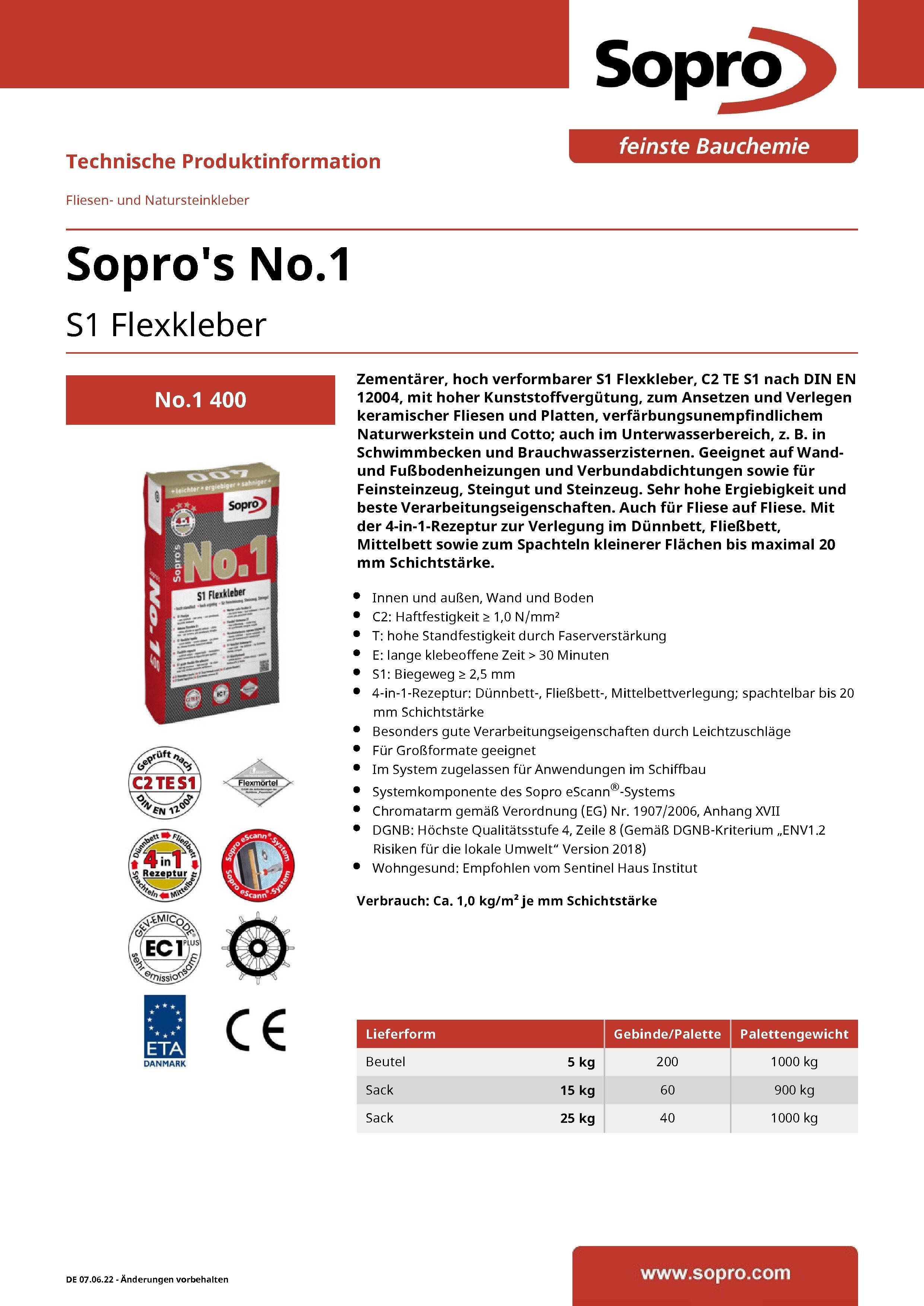 Sopro Bauchemie GmbH Fliesenkleber Sopro No.1 400 Flexkleber Fliesenkleber Klebemörtel C2TE S1 grau 25kg, 25,00 kg, S1 Flexkleber, C2TE S1, Fliese auf Fliese, Fußbodenheizungen geeignet