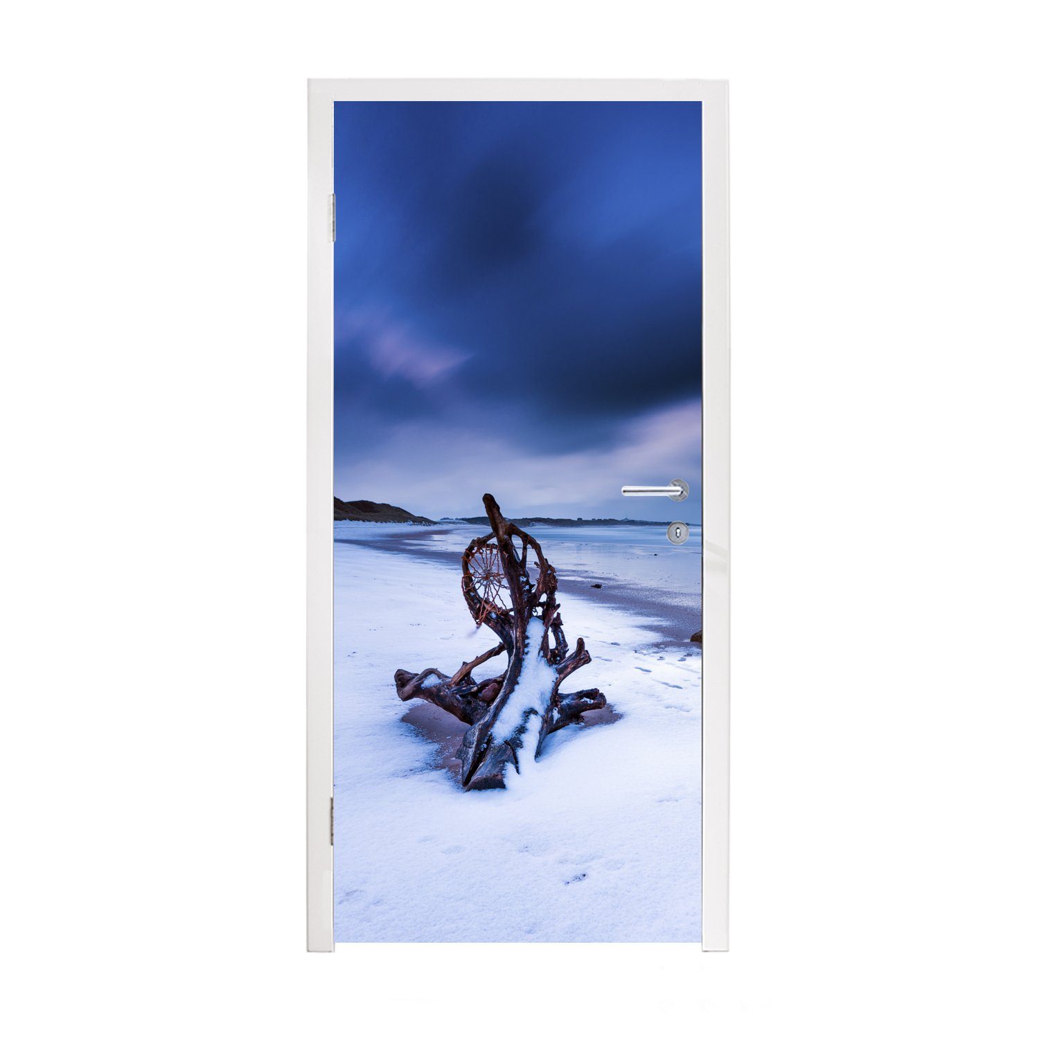 MuchoWow Türtapete Tür, Strand Matt, im (1 Kofferraum St), am 75x205 Fototapete cm bedruckt, für Park, Northumberland Türaufkleber, verschneiten National