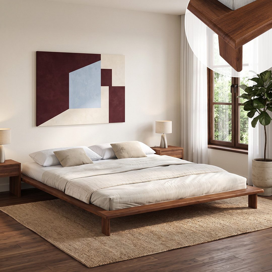 skølm Futonbett Skald aus Massivholz Eiche, Holzbett 25 cm hoch (Walnussoptik, 180x200 cm), Massivholzbett lackiert, Doppelbett in 120/140/160x200 cm verfügbar