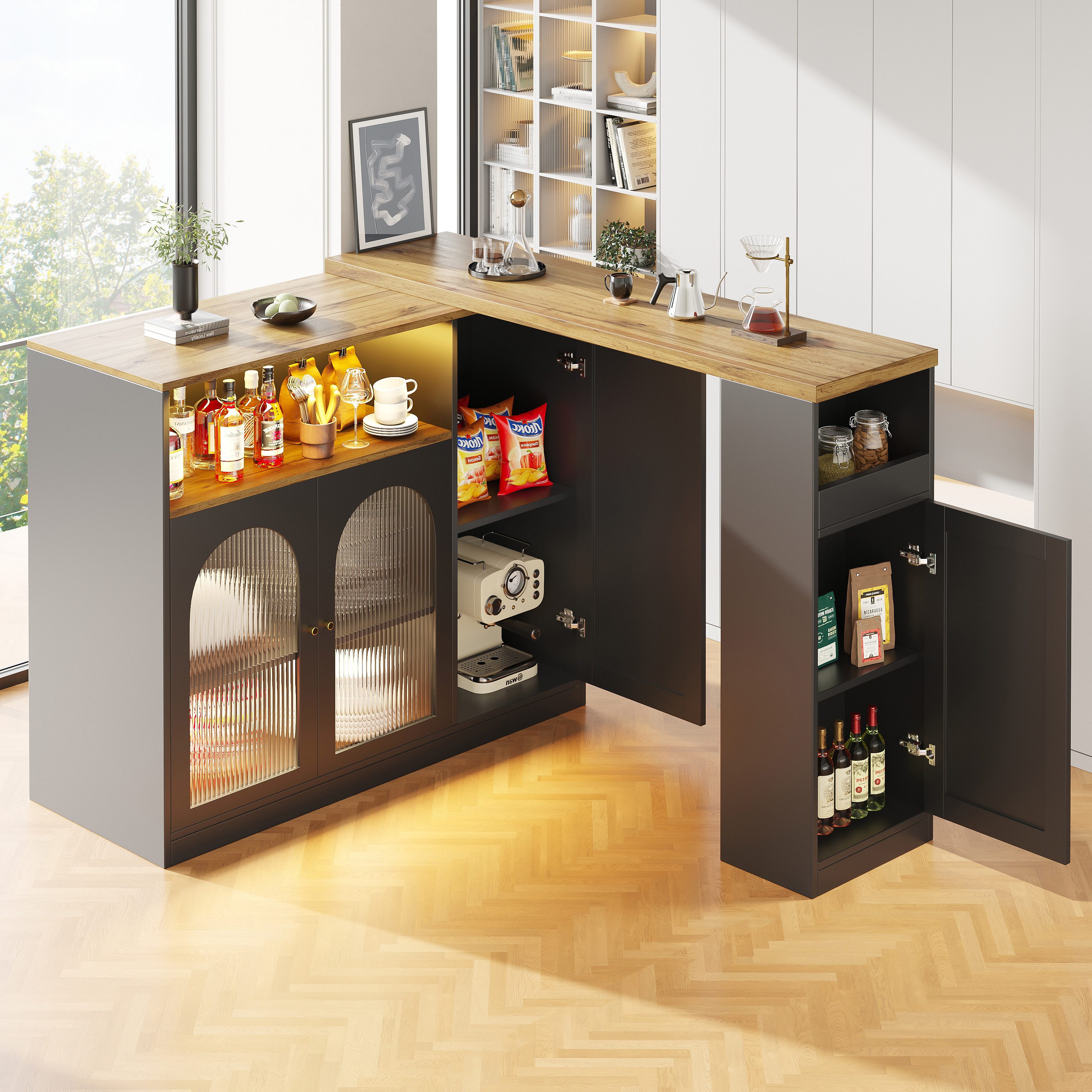 STILVORA Bartisch mit Tischplatte ausziehbar,LED-Küchenschrank Beistellschrank mit Regal (Stehtisch Bistrotisch, Ausziehbarer Esstisch, 1-St., 4 Türen, 2 offene Fächer), mit Schreibtisch in Holzmaserung und LED-Licht