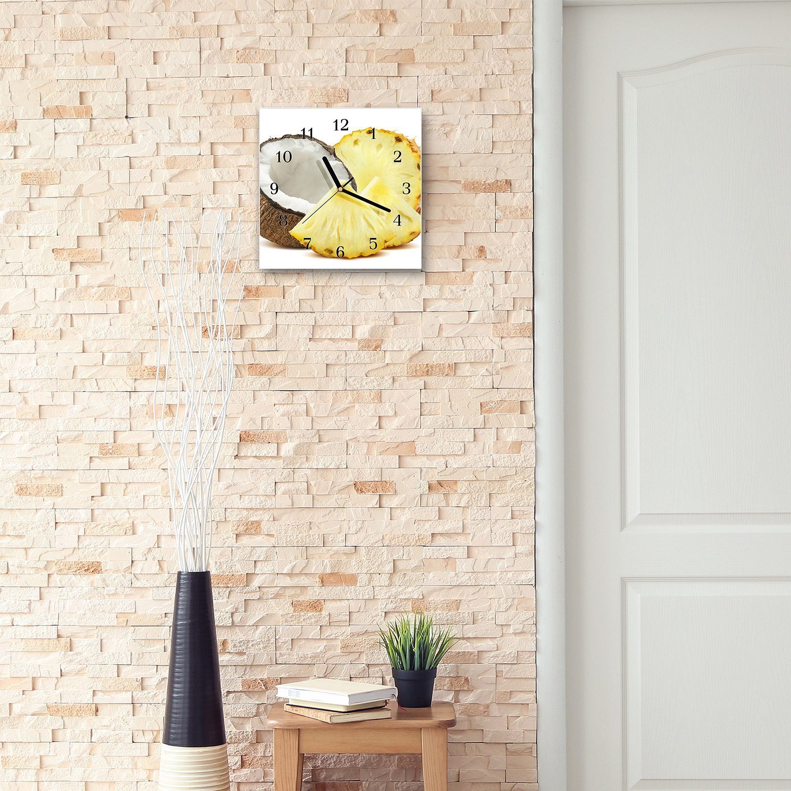 Größe Wanduhr cm x Kokosnuss und Glasuhr mit Motiv 30 Ananas Wandkunst 30 Wanduhr Primedeco