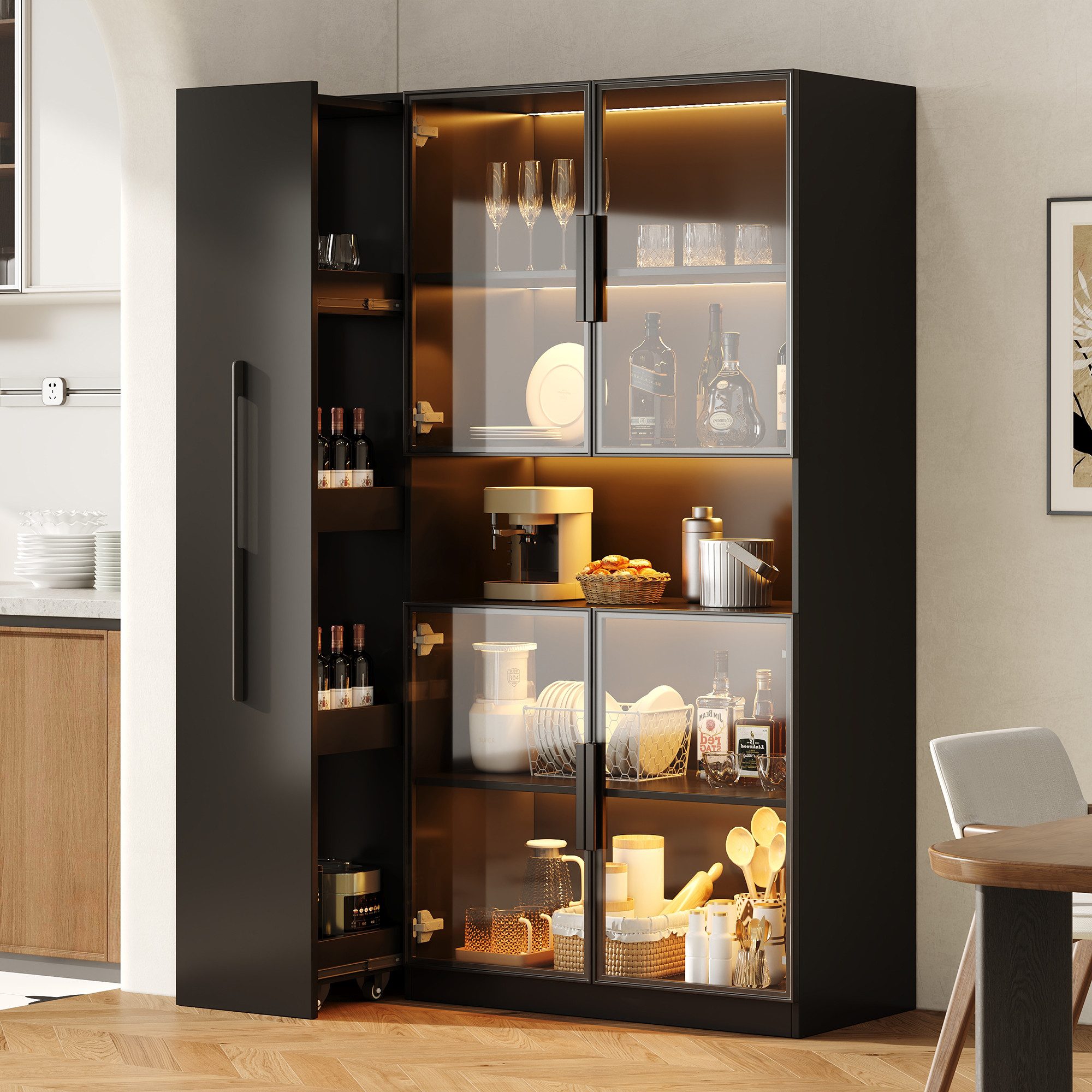 Merax Glasvitrine mit Ausziehbaren Regalen, 2-in-1 LED-Vitrinen (1-St., Multifunktionaler Vitrinenschrank) für Wohnzimmer, Küche und Arbeitszimmer