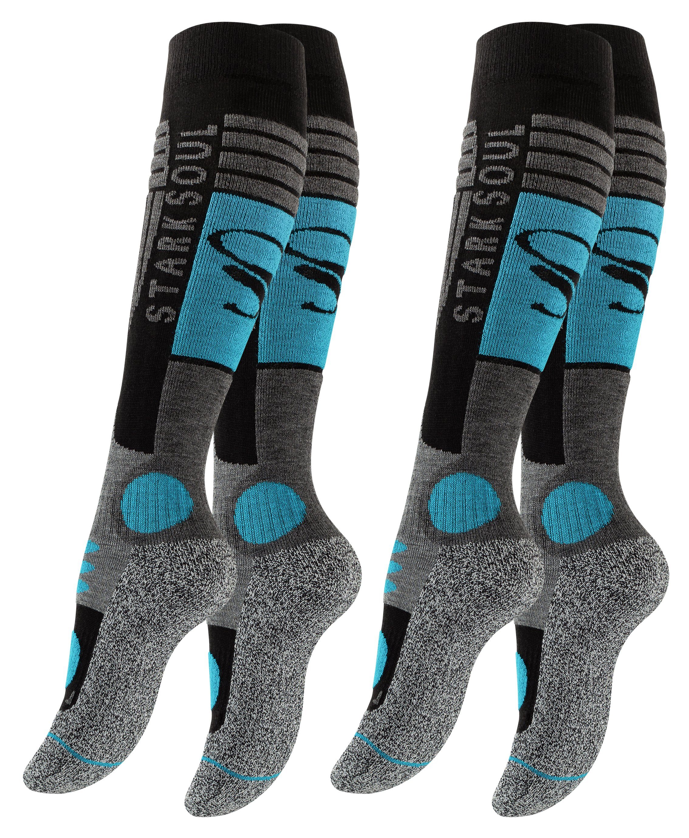 Stark Soul® Skisocken Ski & Snowboard Socken, Skistrümpfe mit Spezialpolsterung, 2 Paar 2er-Pack, Dehnungszonen an Knöchel und Spann, Doppelbündchen, weiche Zehennaht, weiche Polsterungen Schwarz/Grau/Türkis