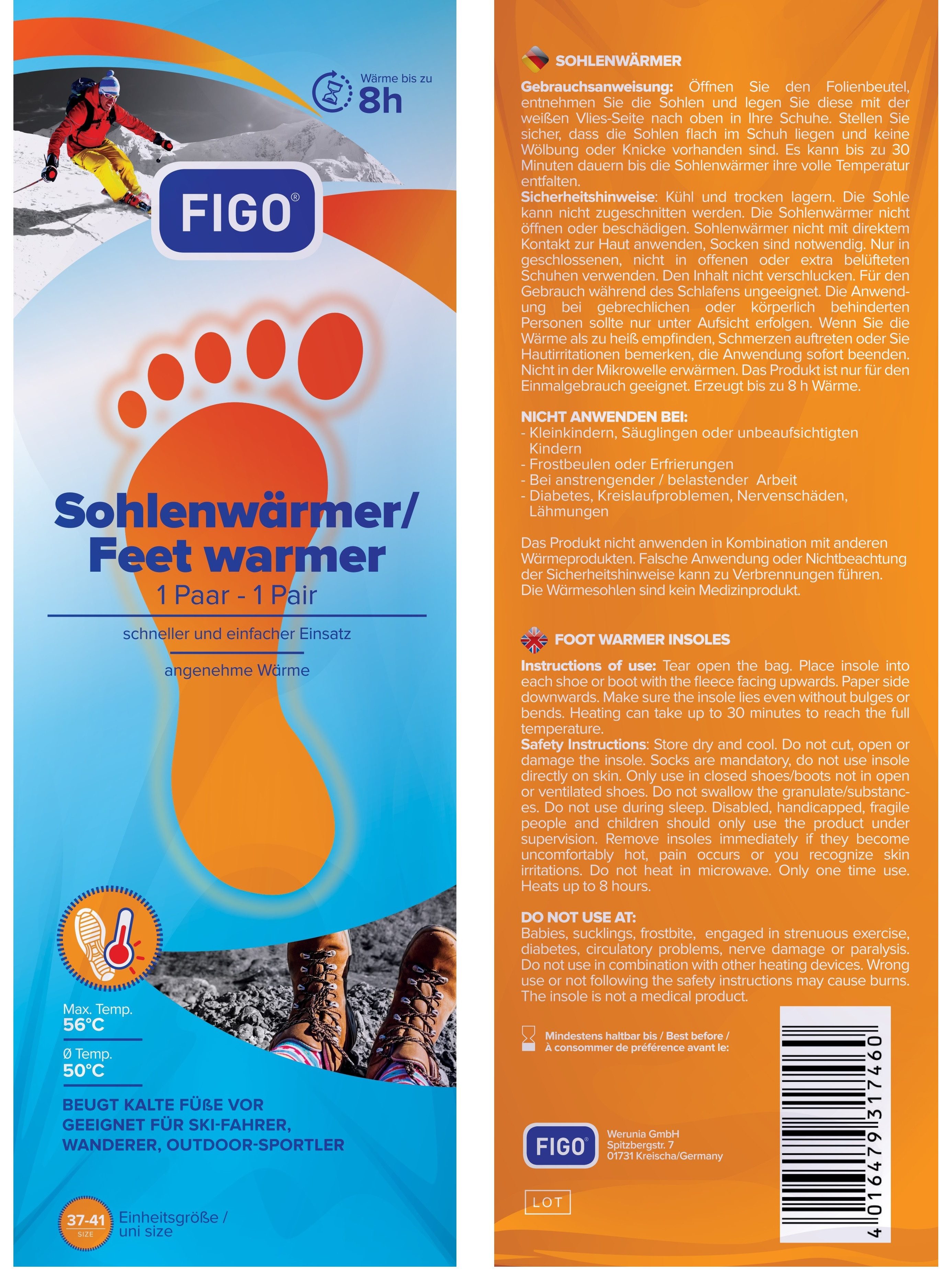 FIGO Thermosohlen Sohlenwärmer–bis zu 8h Wärme, Einheitsgröße 37–41 gegen kalte Füße (1-tlg), Langanhaltende Wärme für kalte Wintertage