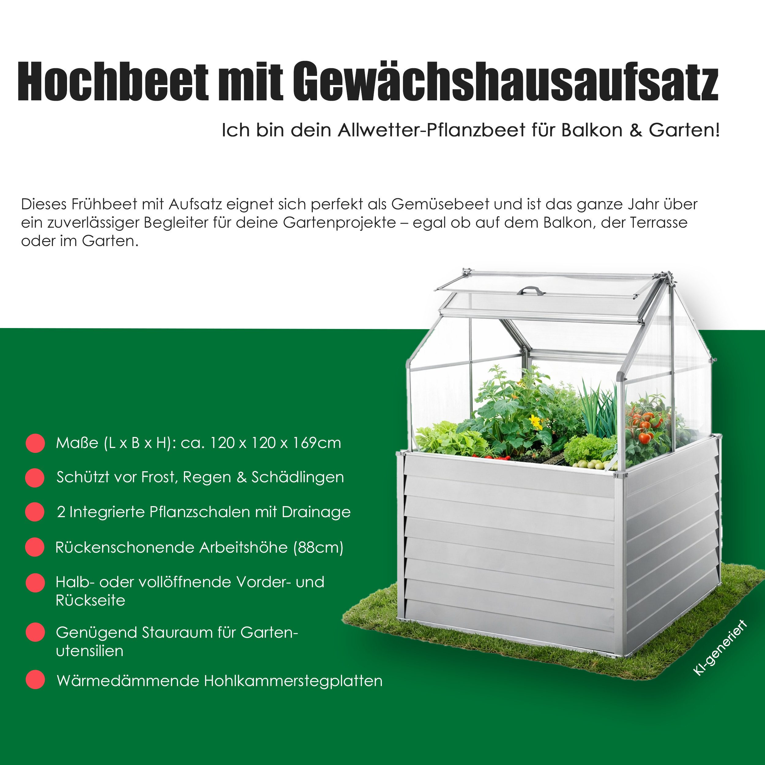 Powertec Garden Hochbeet mit Dach Anzuchtbeet Pflanzbeet Metall Frühbeet Gemüsebeet Gewächshaus, Pflanzschalen mit Drainage, Alu & Stahl galvanisiert – Bild 3 von 4