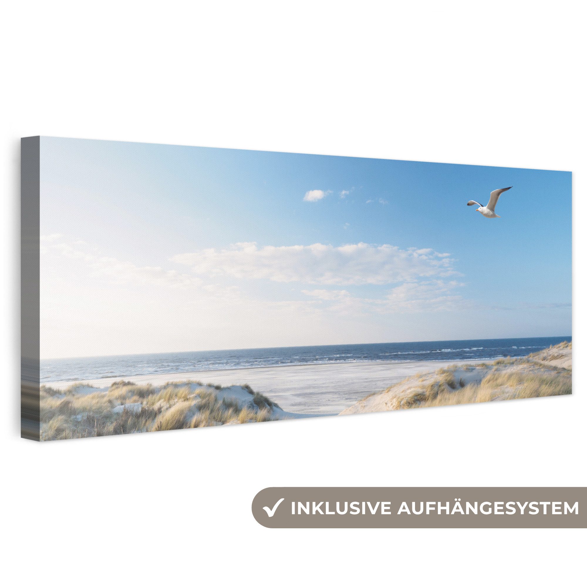 OneMillionCanvasses® Leinwandbild Panorama Düne - Möwe - Strand - Meer - Sonne, Fotodruck (1 St), Wandbild, Deko Schlafzimmer Wohnzimmer Flur 60x20 cm