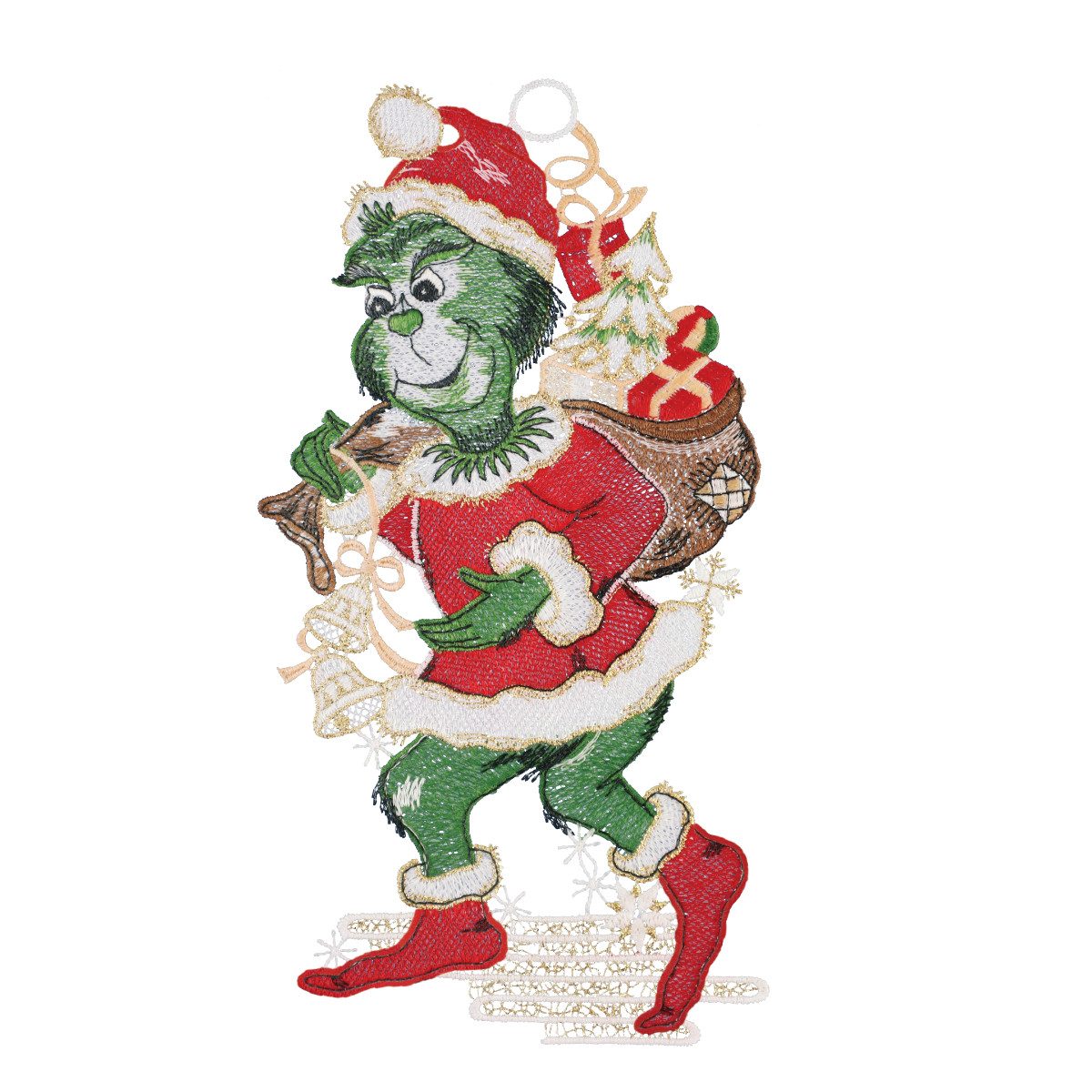 W. Reuter & Sohn - Plauener Spitze® Fensterbild Fensterbild „Grinch-Weihnachtsmuffel“, 15 x 28 cm, Plauener Spitze