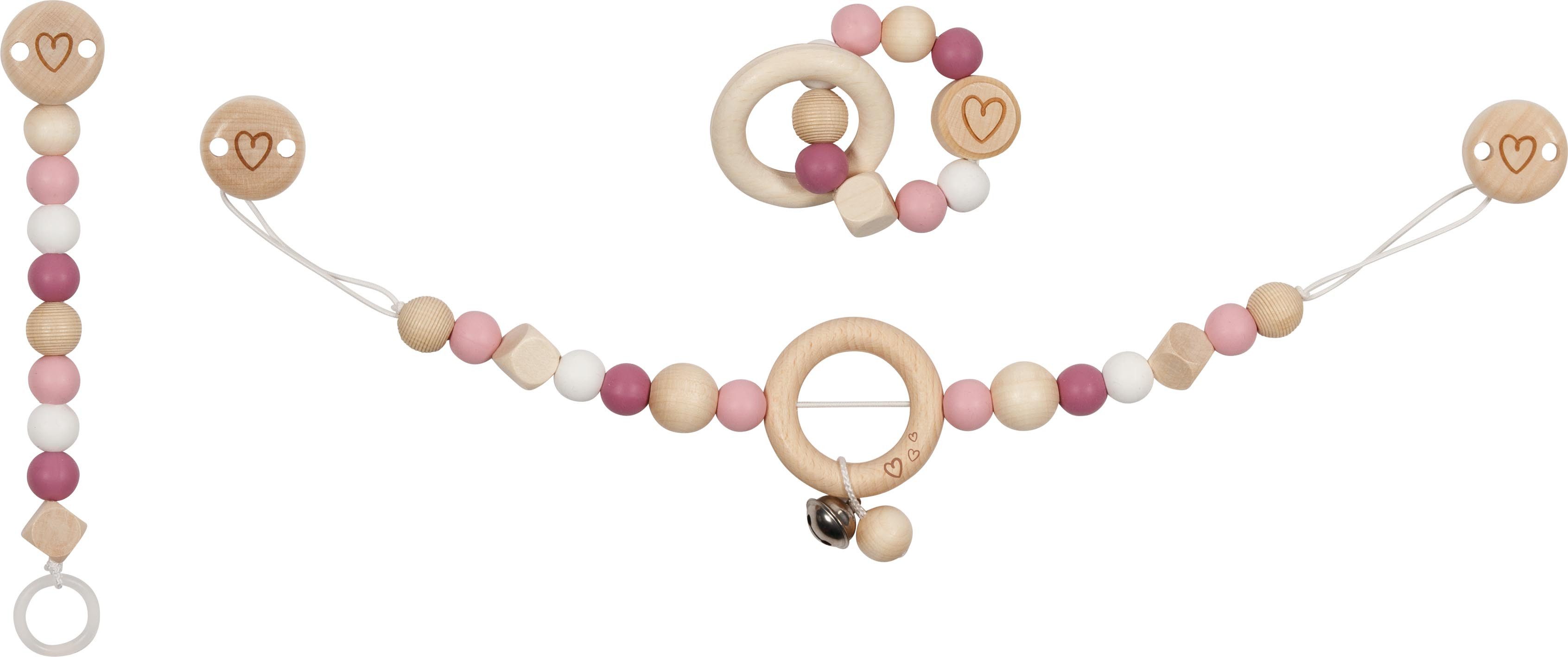 goki Greifspielzeug goki baby Herz-Set: Kinderwagenkette, Schnullerkette und Greifling (3-tlg)