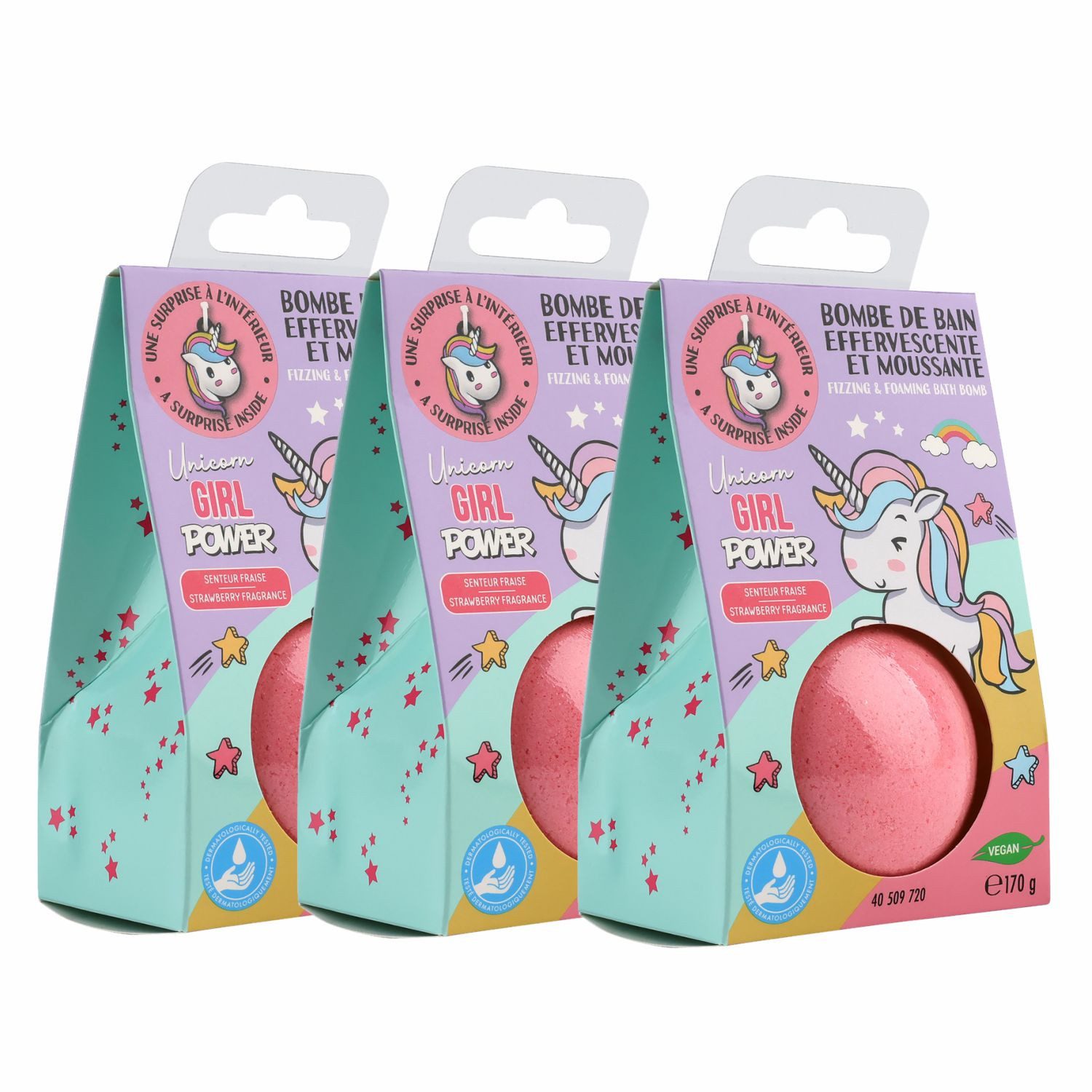 HF Home Flair Badekugel 3x Einhorn Badebombe - große Badekugel mit Überraschung, 3-tlg., rosa Einhorn Badekugel - Erdbeerduft - Vegan- 170g