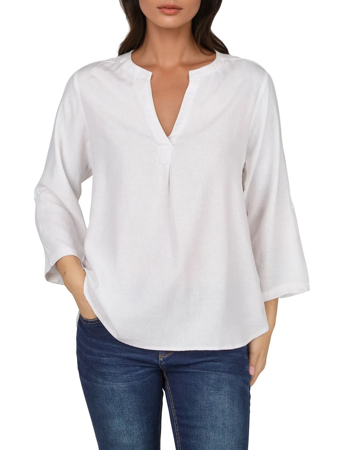 DENIMFY Hemdbluse Damen Leinen Bluse DFSara Regular Fit Tunika mit V-Ausschnitt und Serafino Kragen