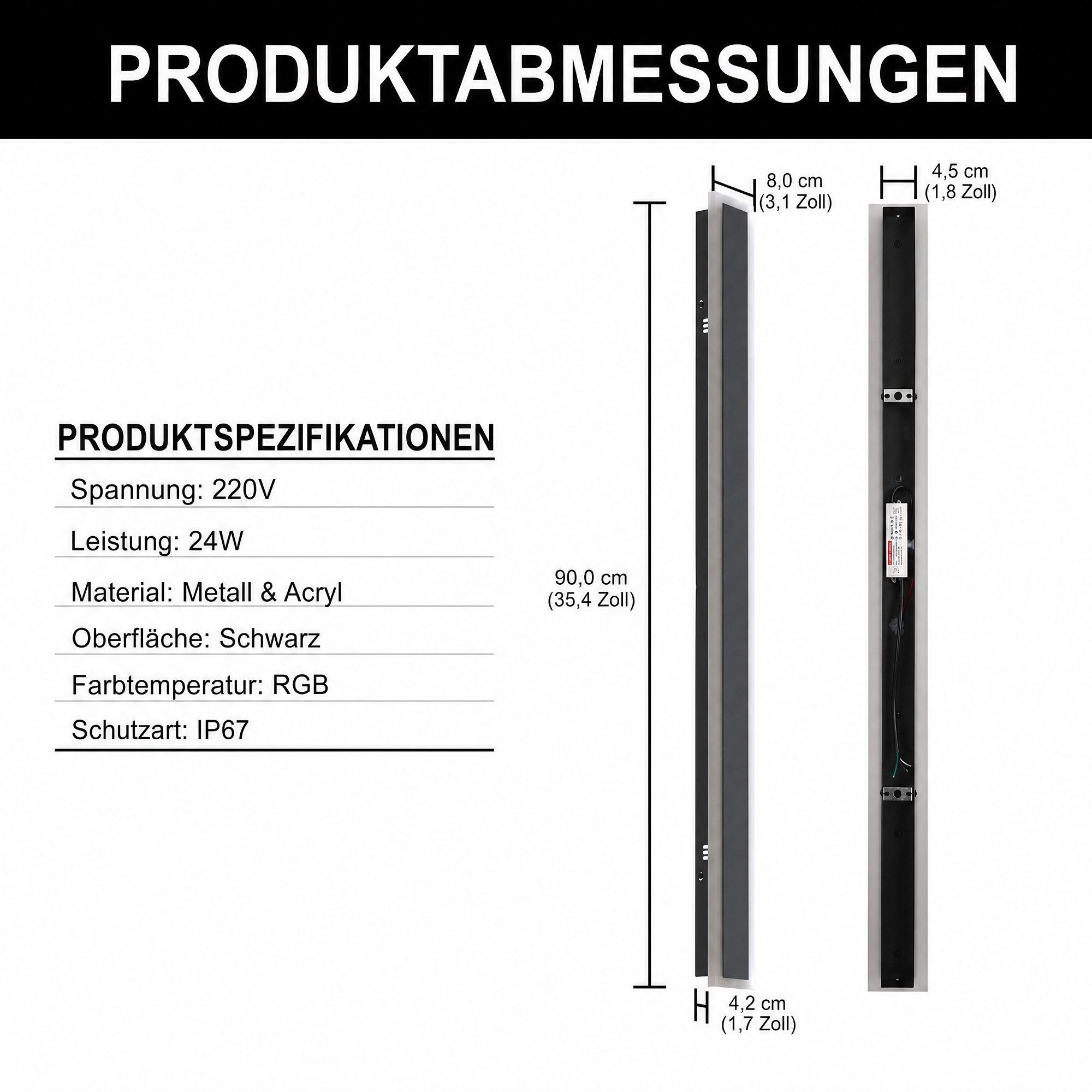 LOHAS-LED Außen-Wandleuchte aus Metall & Acryl mit seitlicher Lichtabstrahlung, 90cm schlanke Form, LED fest integriert, RGBCW, 24W, IP67 wetterfest, RGBCW Farbsteuerung
