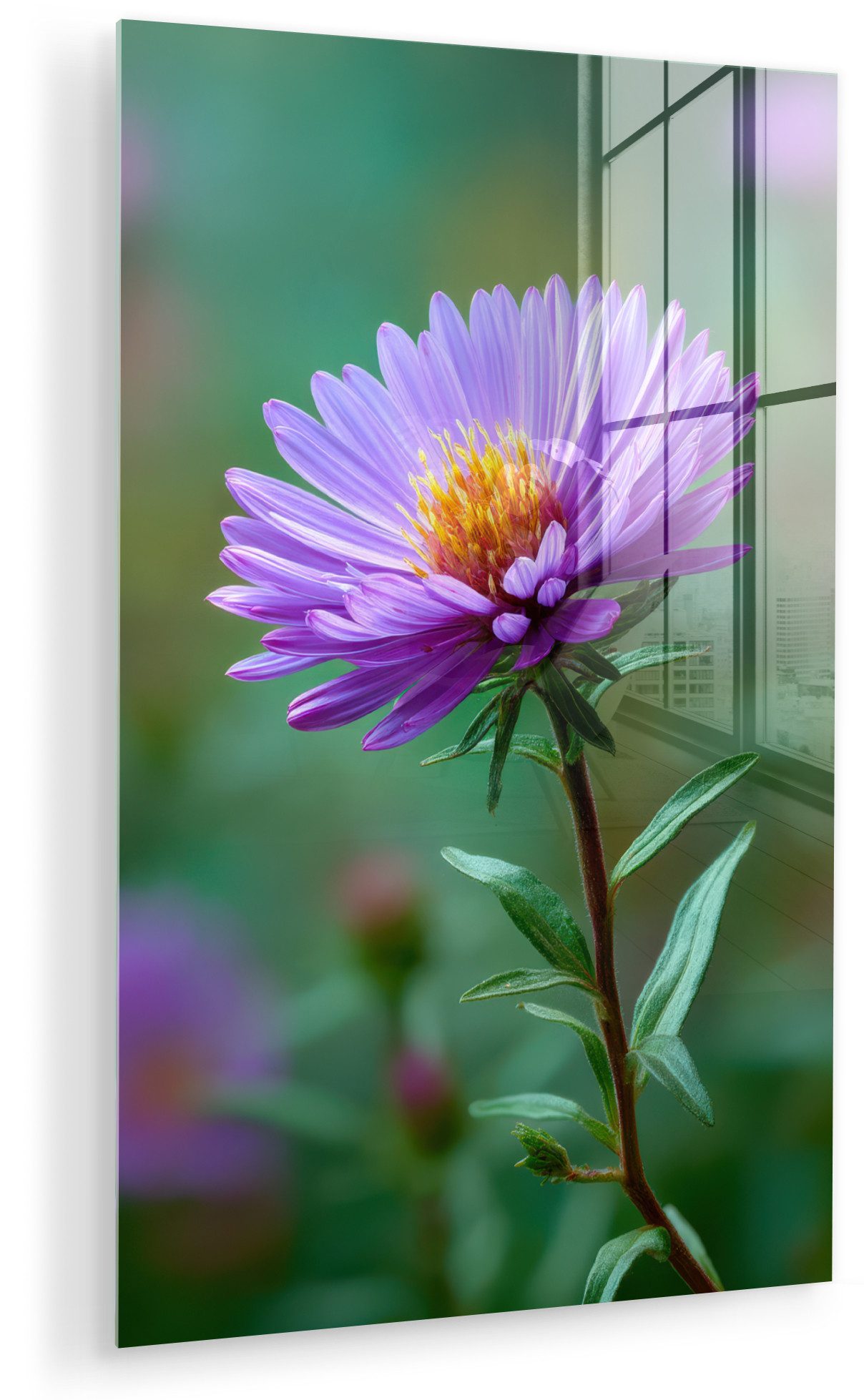 MuchoWow Acrylglasbild Aster - Lila - Blume - Blütenblätter, Inkl. Aufhängung, Dekorative Bild für Küche & Wohnzimmer auf Glas, 20x30 cm