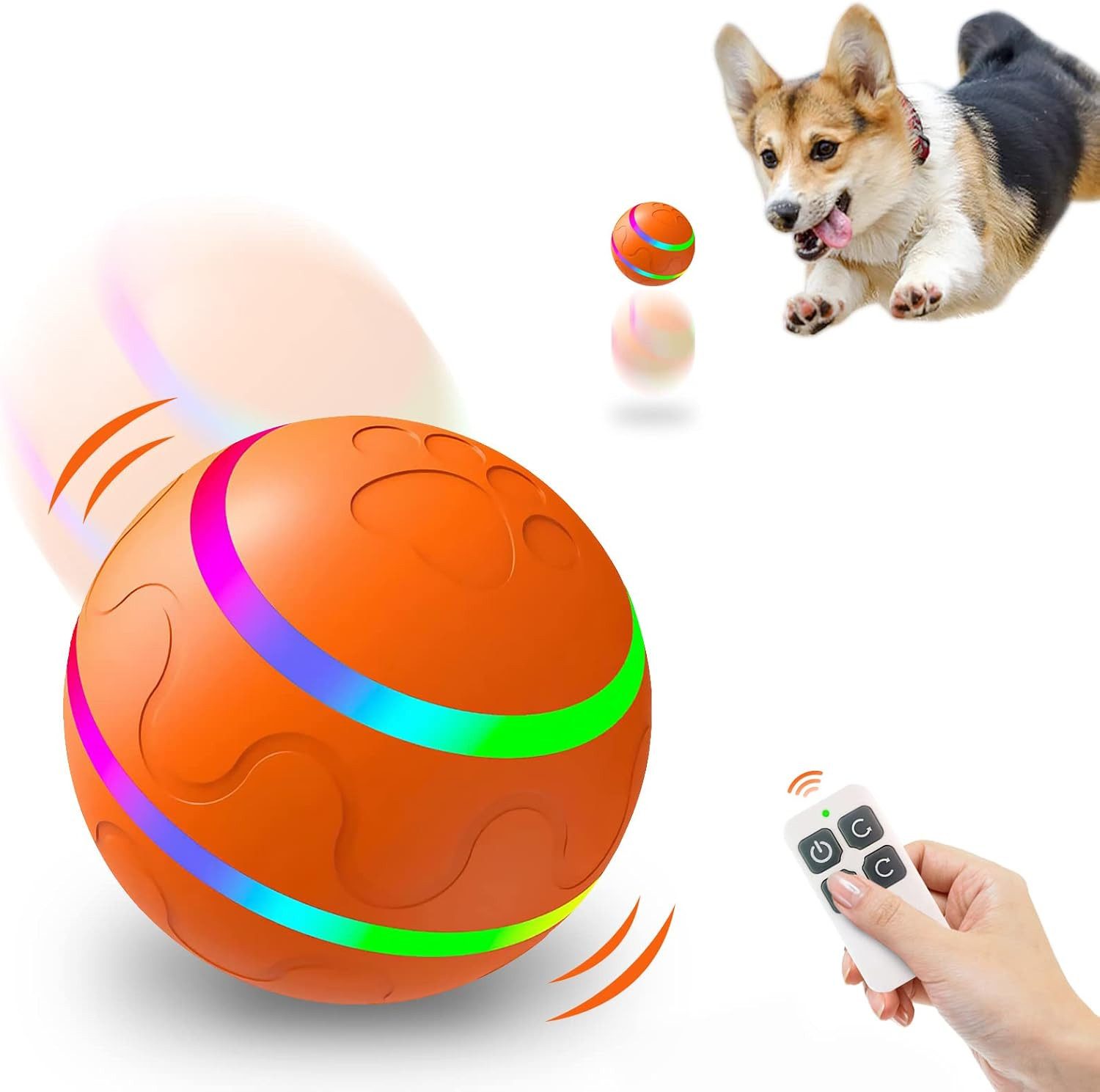 Diyarts Tierball, Interaktiver Hundespielzeug-Ball mit LED & Fernbedienung 2 Spielmodi, robuste Doppelschale, für kleine & große Hunde