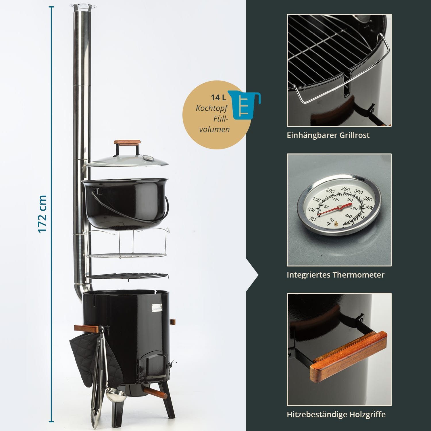Skandika Topf-Set Gulaschkanone, 14 Liter Gulaschkessel, Thermometer im Deckel, (Der clevere 3 in 1 Ofen fürs Heizen, Kochen und Grillen), Zubehör Grillzange, Suppenkelle, Ofenhandschuh, Grillrost, Holzgriffe