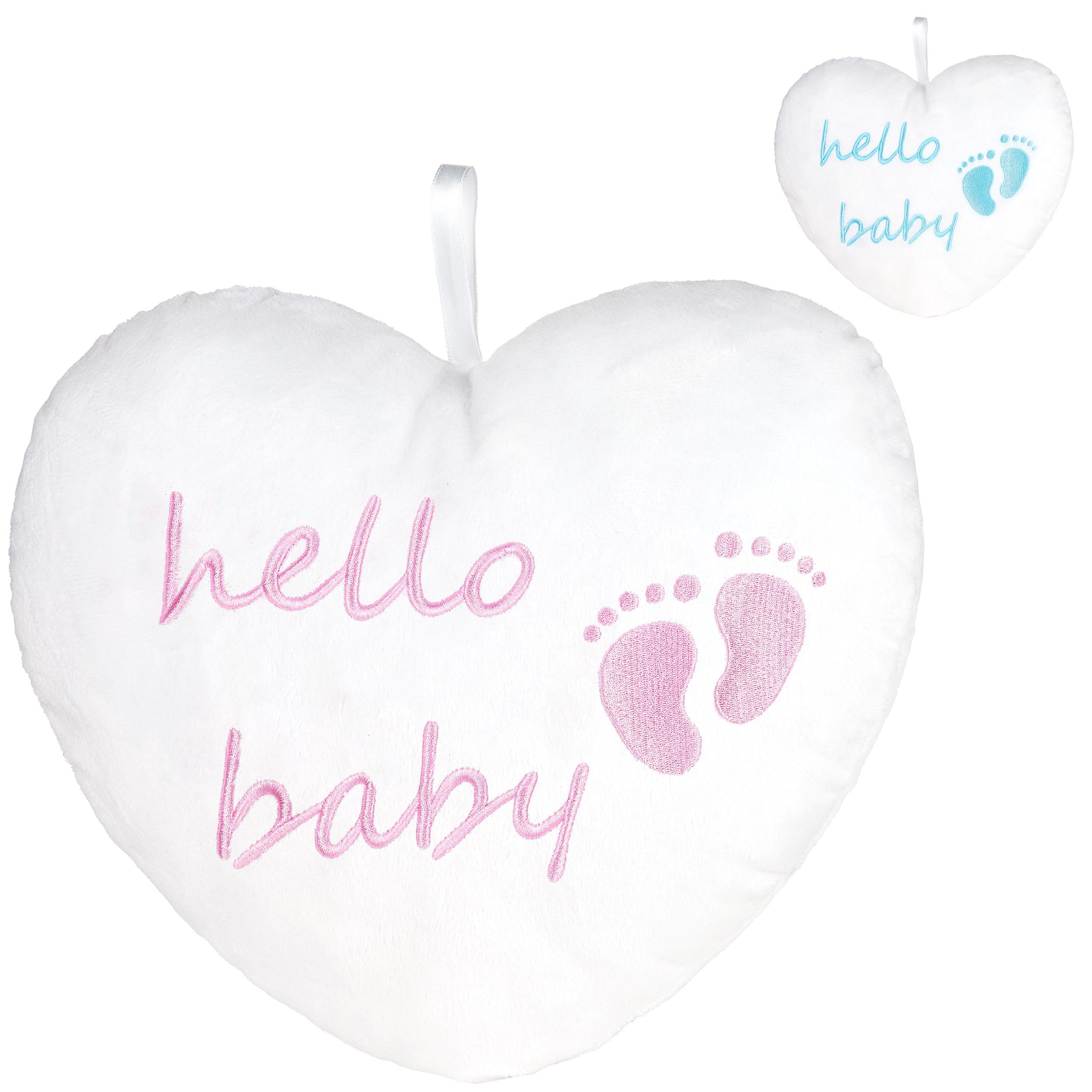 BRUBAKER Декоративні подушки Plüschherz Hello Baby 25 cm - Babyparty Geschenk zur Geburt, Zierkissen Herz aus Plüsch - Babyzimmer Deko - Подушки