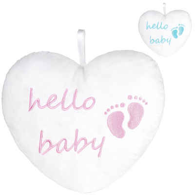 BRUBAKER Dekokissen Plüschherz Hello Baby 25 cm - Babyparty Geschenk zur Geburt, Zierkissen Herz aus Plüsch - Babyzimmer Deko - Kissen