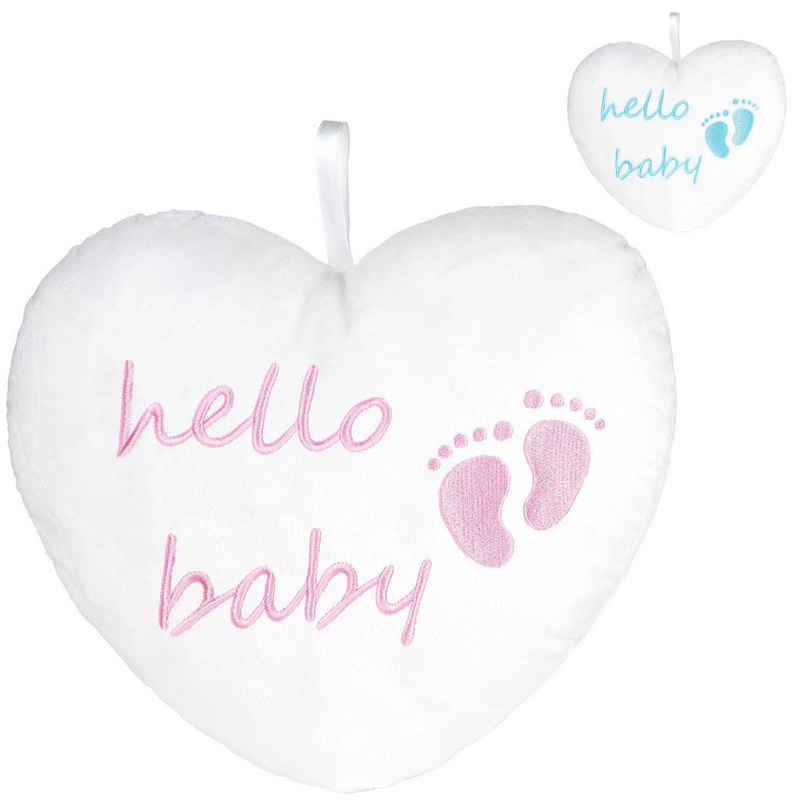 BRUBAKER Dekokissen Plüschherz Hello Baby 25 cm - Babyparty Geschenk zur Geburt, Zierkissen Herz aus Plüsch - Babyzimmer Deko - Kissen