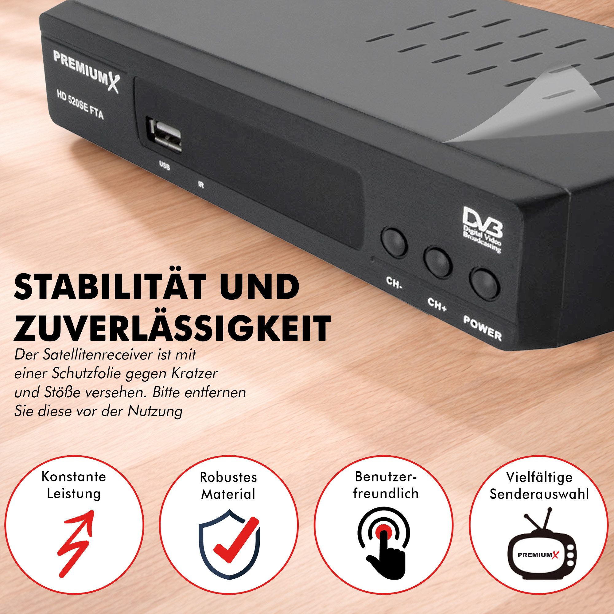 PremiumX 520SE FTA Digital Satelliten-Receiver DVB-S2 HDMI SCART USB Full HD SAT-Receiver