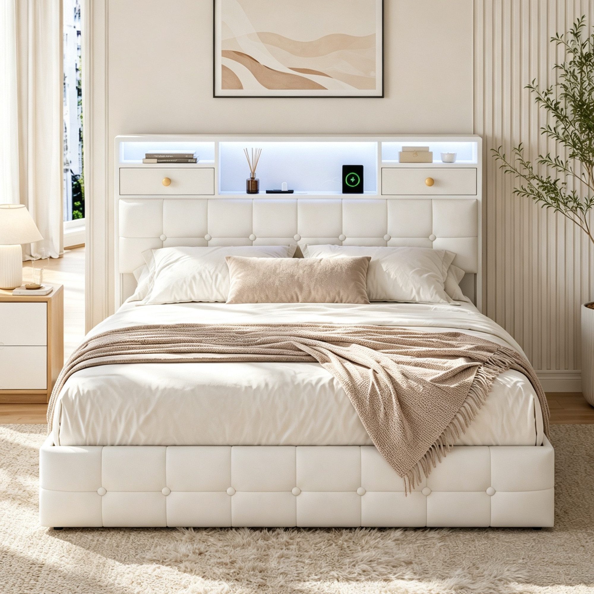 Simurq Polsterbett 140x200cm Stauraumbett mit LED, Ladefunktion und 4 Schubladen (Packung, 1-tlg., Doppelbett Mit Stauraum Kopfteil und Lattenrost), Samt Schubladenbett für Jungen und Mädchen