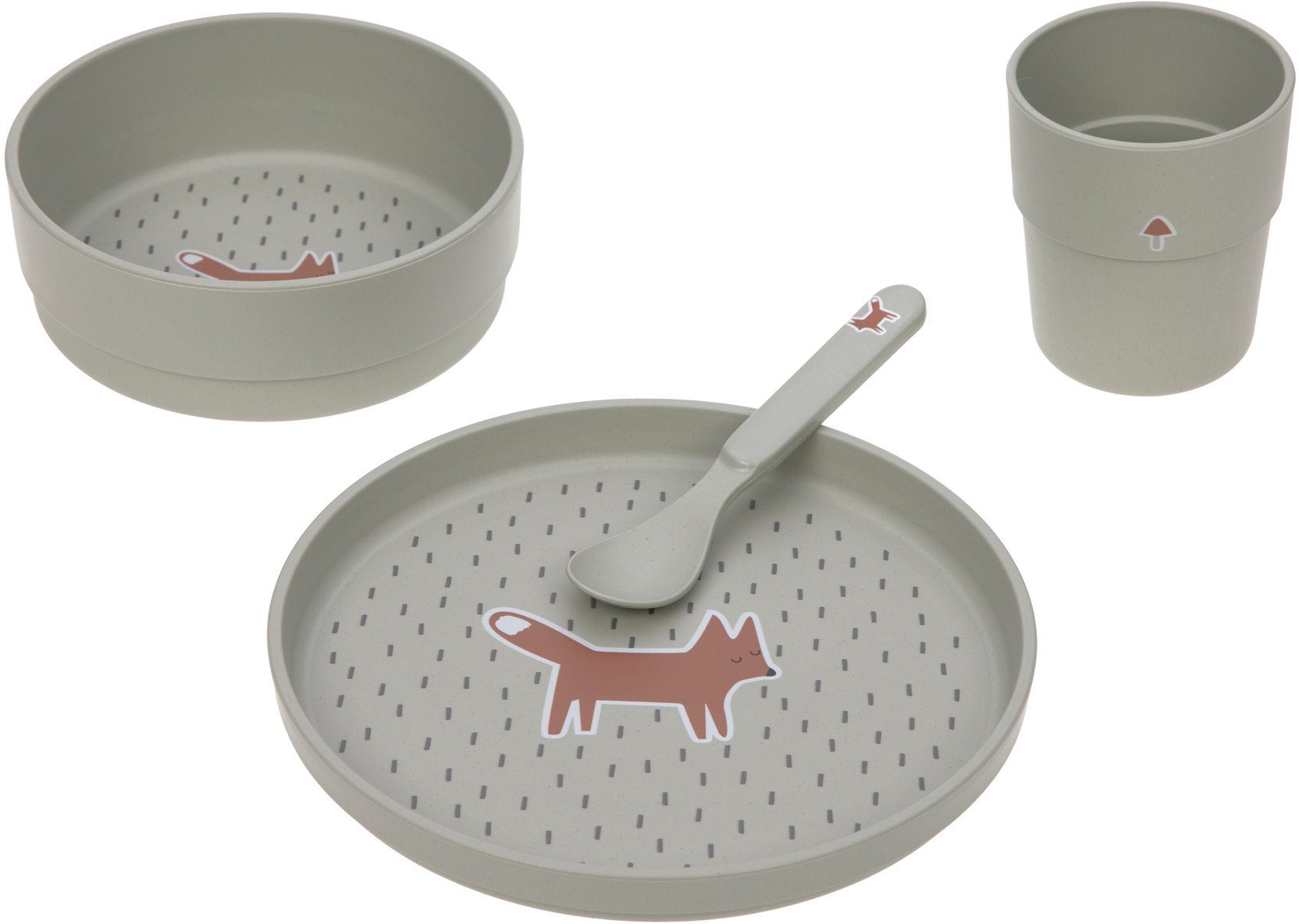 LÄSSIG Kindergeschirr-Set Little Forest, (4-tlg), mit Forest 1 Schale, Teller, Little Polyethylen, und Becher Fuchs Zellulose, Löffel Personen, Fox