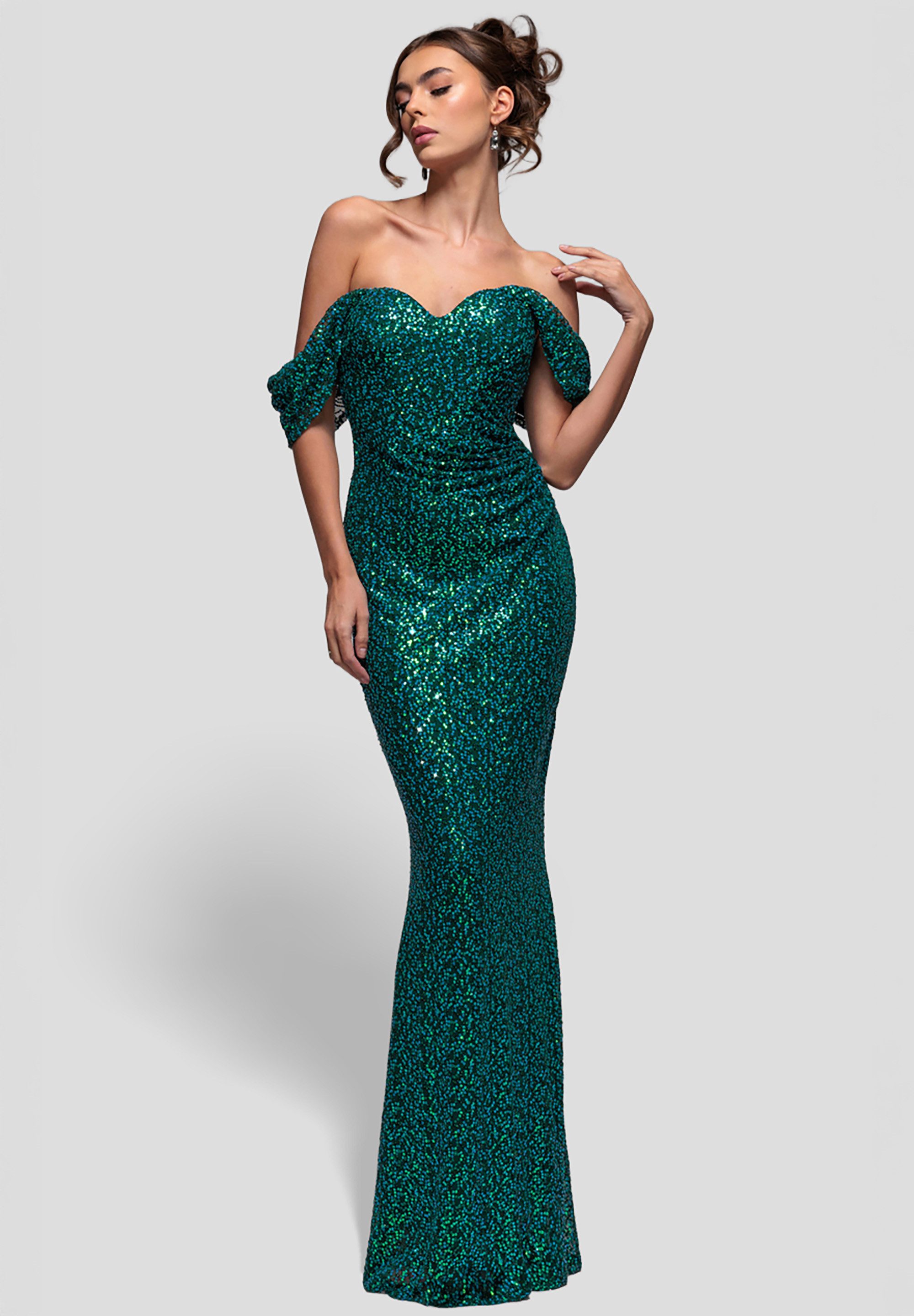 Goddiva Maxikleid Off The Shoulder Sequin Wing Maxi Langes Kleid, Schulterfrei, V-Ausschnitt