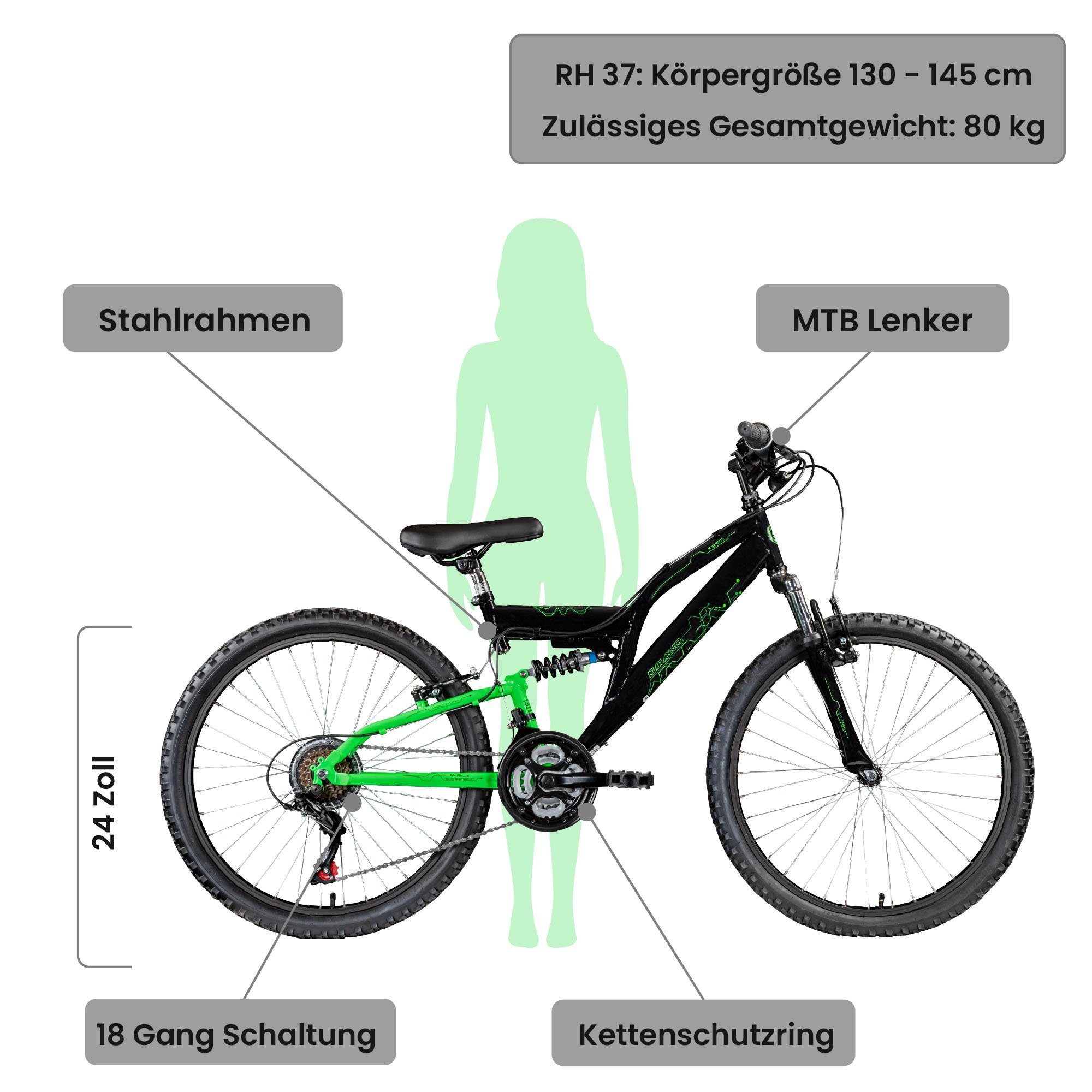 Galano Mountainbike FS180, 18 Gang, Kettenschaltung, Jugendfahrrad ab 8 130-145 cm MTB Fully Fahrrad Mädchen Jungen