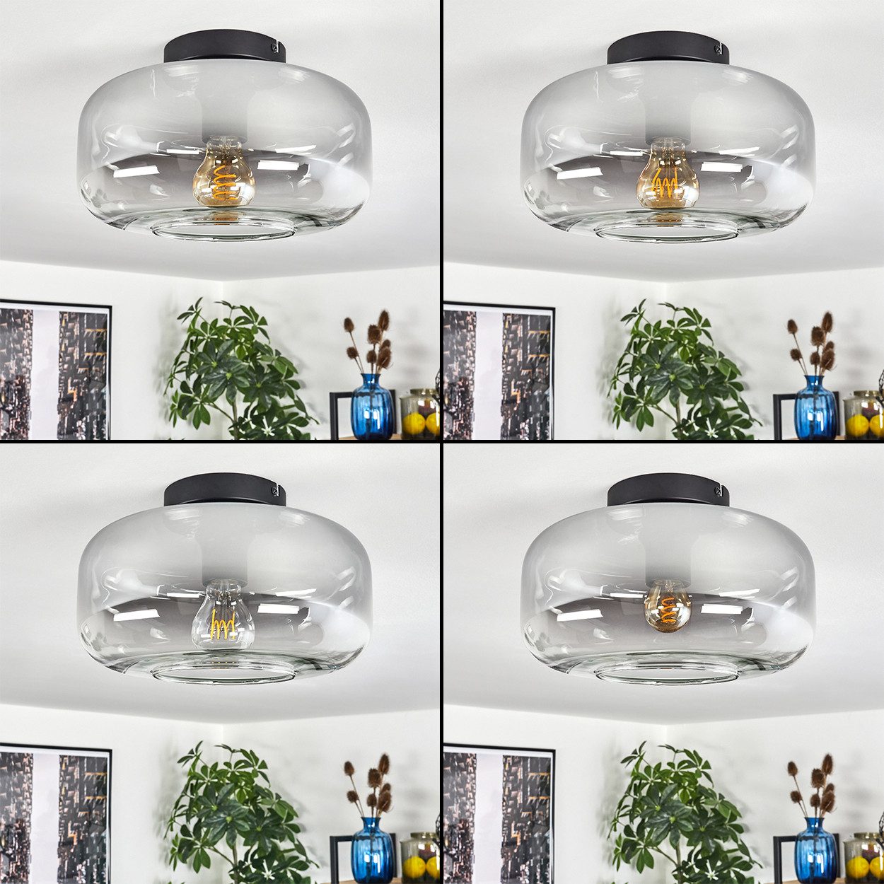 hofstein Deckenleuchte runde Deckenlampe aus Metall/Glas in Schwarz/Rauchfarben/Klar, ohne Leuchtmittel, im Vintage-Design mit Glasschirm (28 cm), 1 x E27, ohne Leuchtmittel