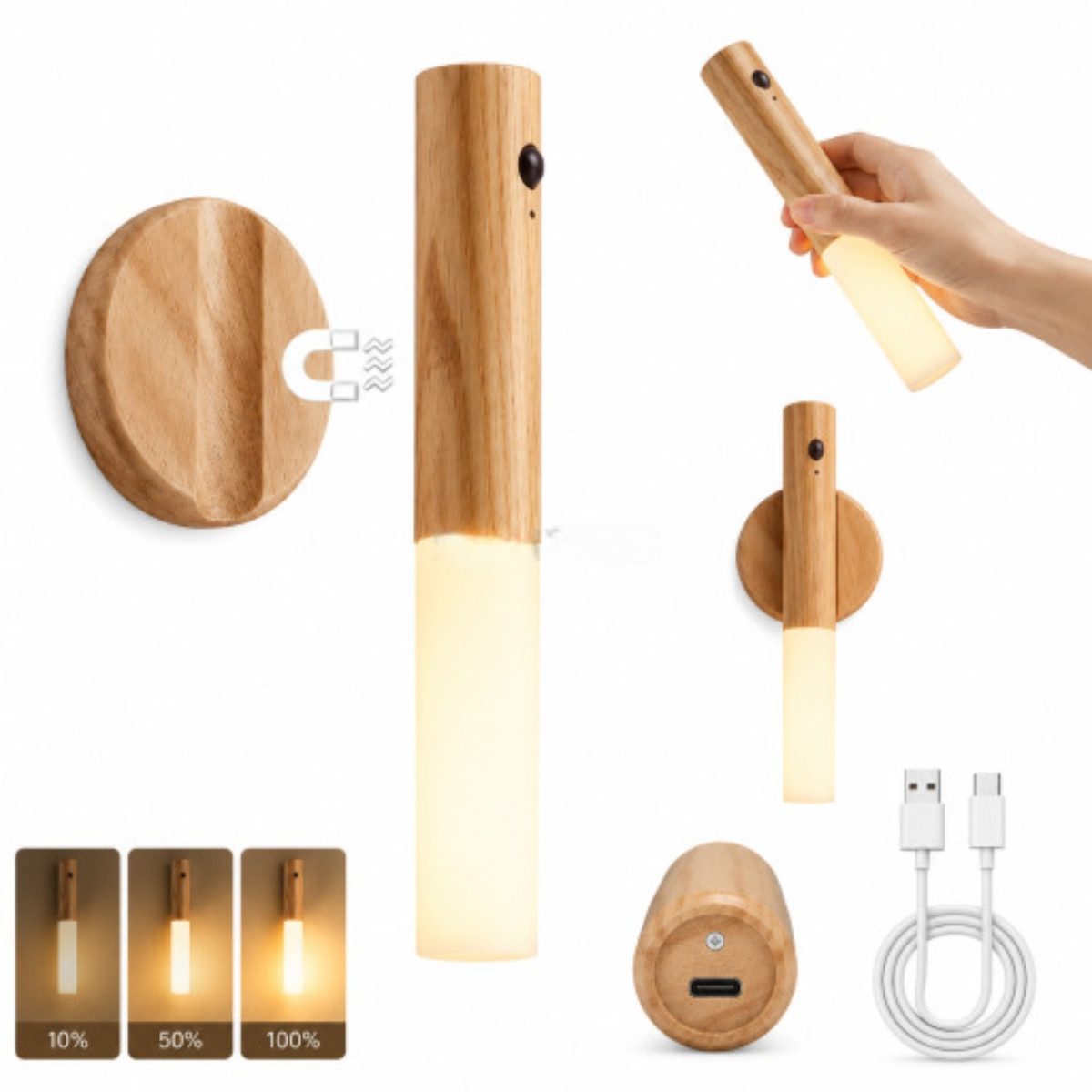 R2 Invest LED Nachtlicht mit Sensor – Magnetische Wandleuchte USB-C, Warmweiß Holzoptik – Bild 2 von 2