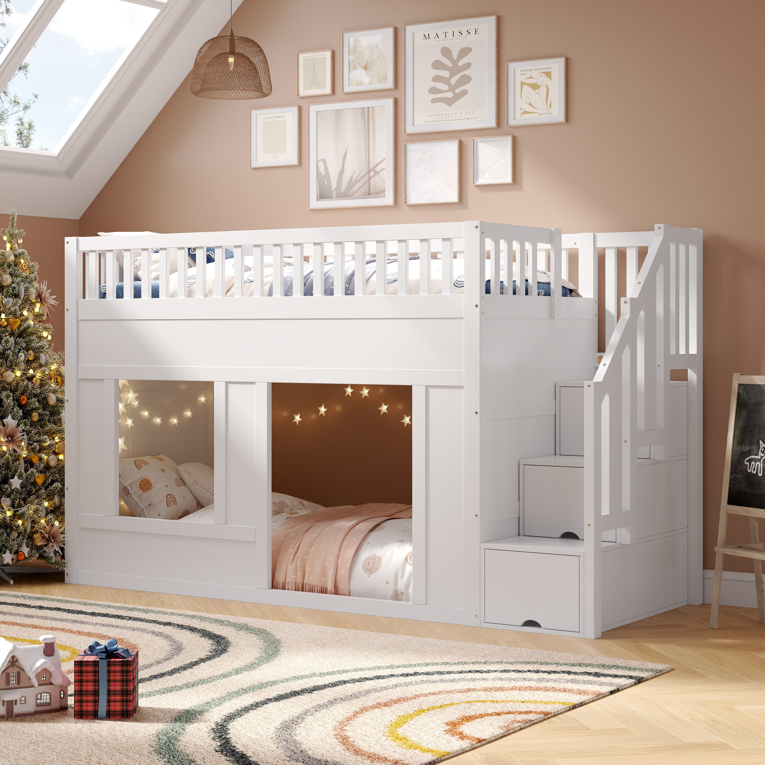 Flieks Hochbett Kinderbett Hausbett 90x200cm mit Stauraumtreppe und Rausfallschutz
