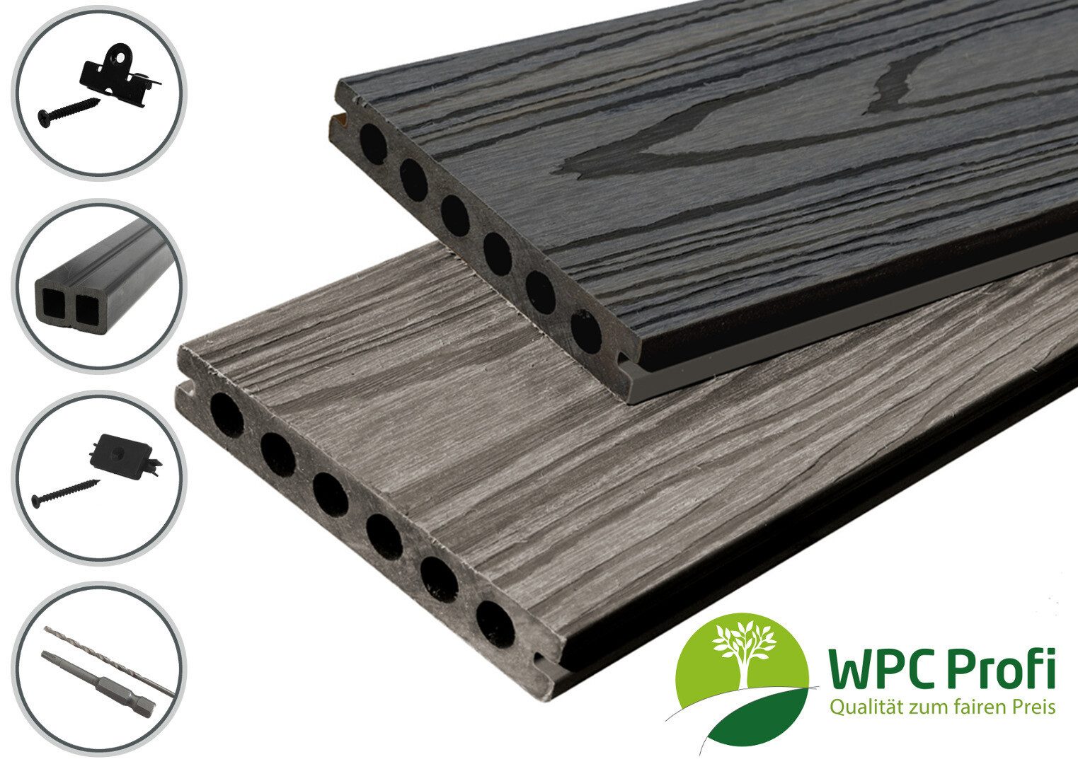 WPC Profi Terrassendielen coextrudierte Terrassen Komplettset Grau Schwarz 2200mm, (Musterstück 15 cm)