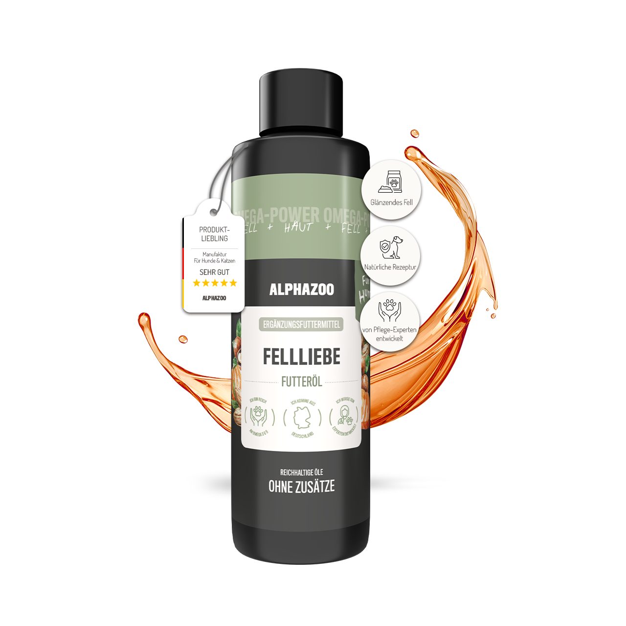ALPHAZOO Fellliebe Futteröl für Hunde 250 ml, Haut und Fell Futteröl mit Omega-3, Ergänzungsfutter für: Hunde, Premium Ölmischung mit Lachsöl für glänzendes Fell