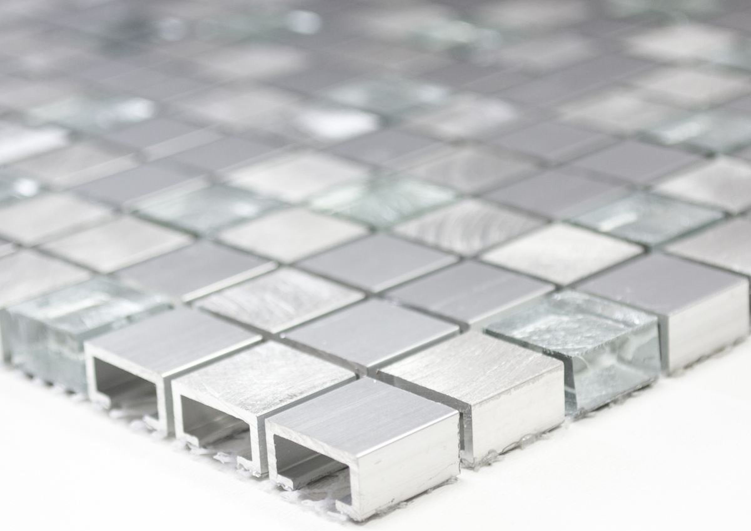 Mosani Mosaikfliesen Aluminium silber Fliese Küchenrückwand Glasmosaik Mosaik
